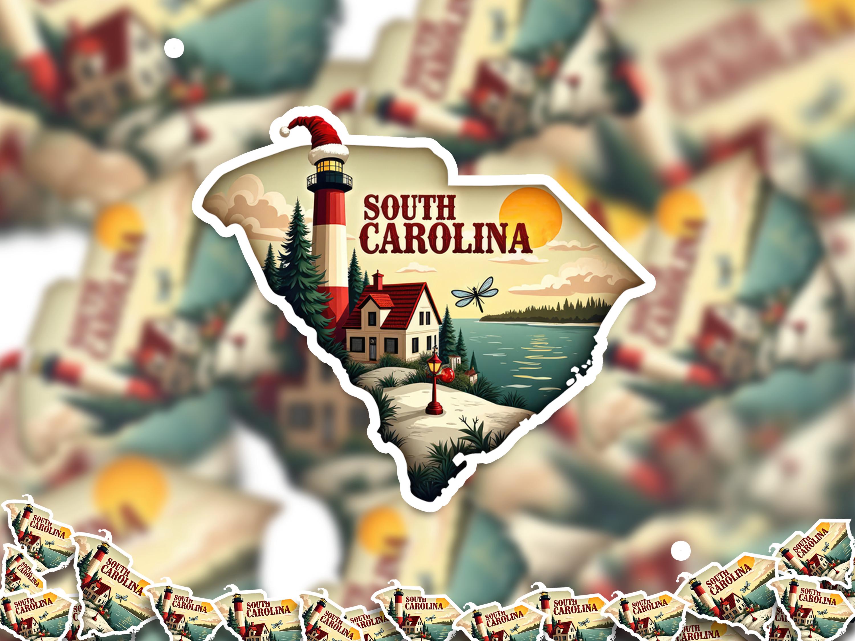 South Carolina Christmas Sticker, Vintage States Xmas Vinyl Decals Waterproof, Retro Laptop, Scrapbook Tumbler