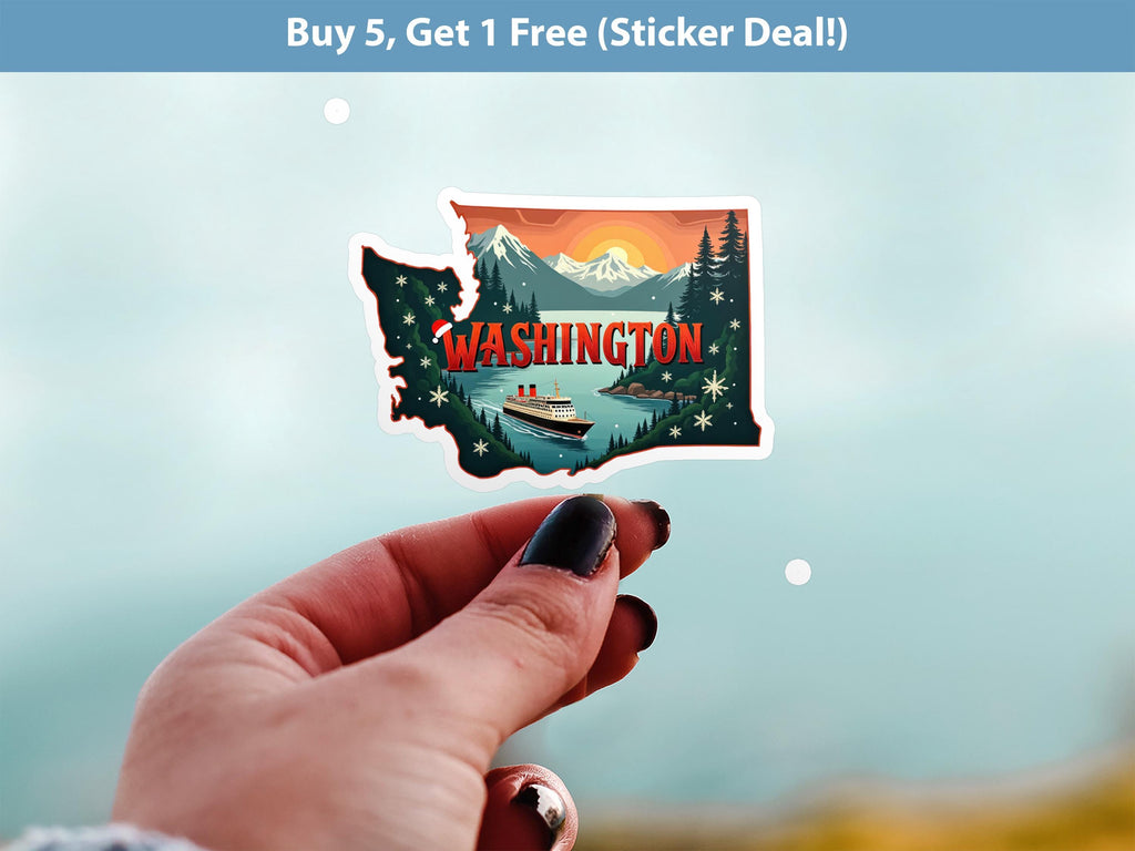 Washington Christmas Sticker, Vintage States Xmas Vinyl Decals Waterproof, Retro Laptop, Scrapbook Tumbler