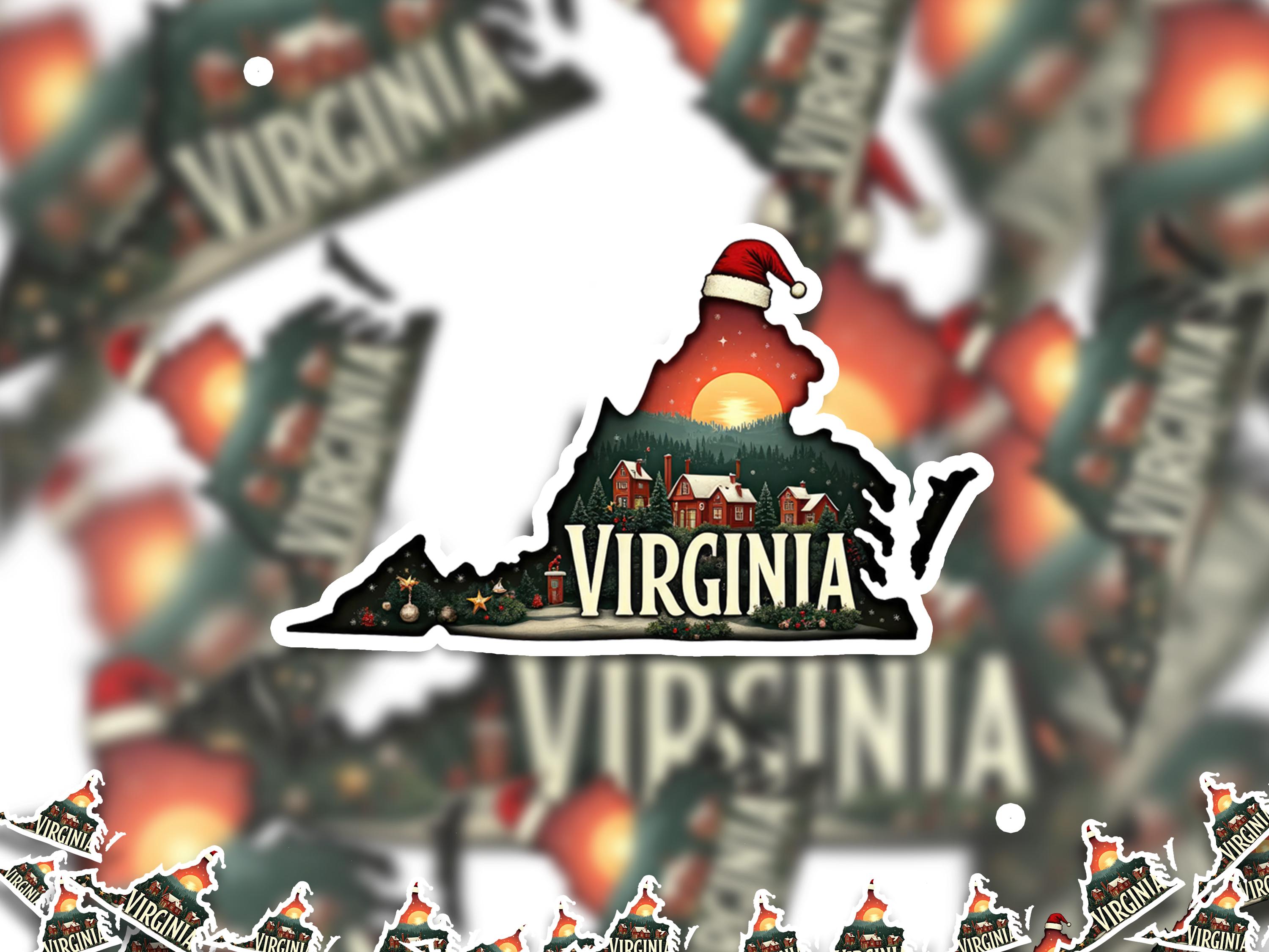 Virginia Christmas Sticker, Vintage States Xmas Vinyl Decals Waterproof, Retro Laptop, Scrapbook Tumbler