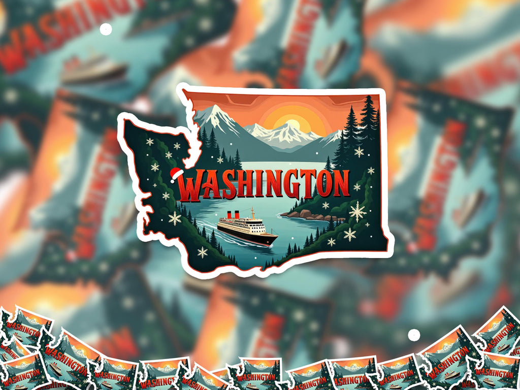 Washington Christmas Sticker, Vintage States Xmas Vinyl Decals Waterproof, Retro Laptop, Scrapbook Tumbler