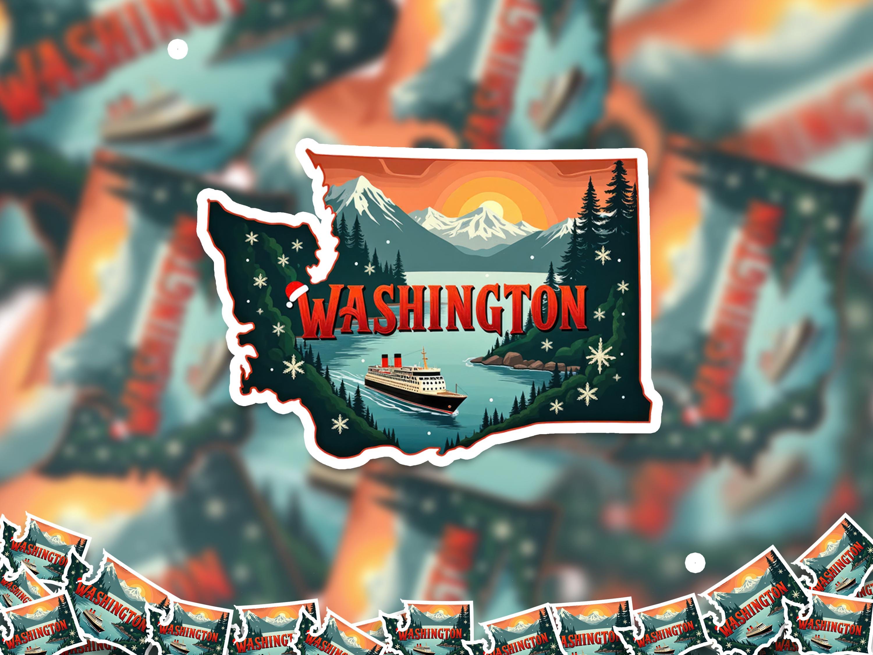 Washington Christmas Sticker, Vintage States Xmas Vinyl Decals Waterproof, Retro Laptop, Scrapbook Tumbler