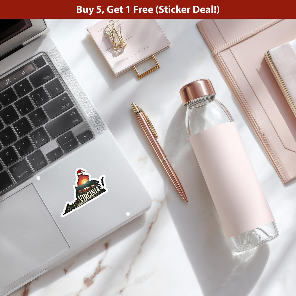 Virginia Christmas Sticker, Vintage States Xmas Vinyl Decals Waterproof, Retro Laptop, Scrapbook Tumbler