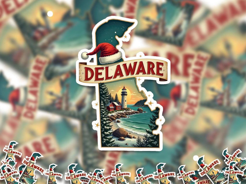 Delaware Christmas Sticker, Vintage States Xmas Vinyl Decals Waterproof, Retro Holiday Gift, Scrapbook Tumbler