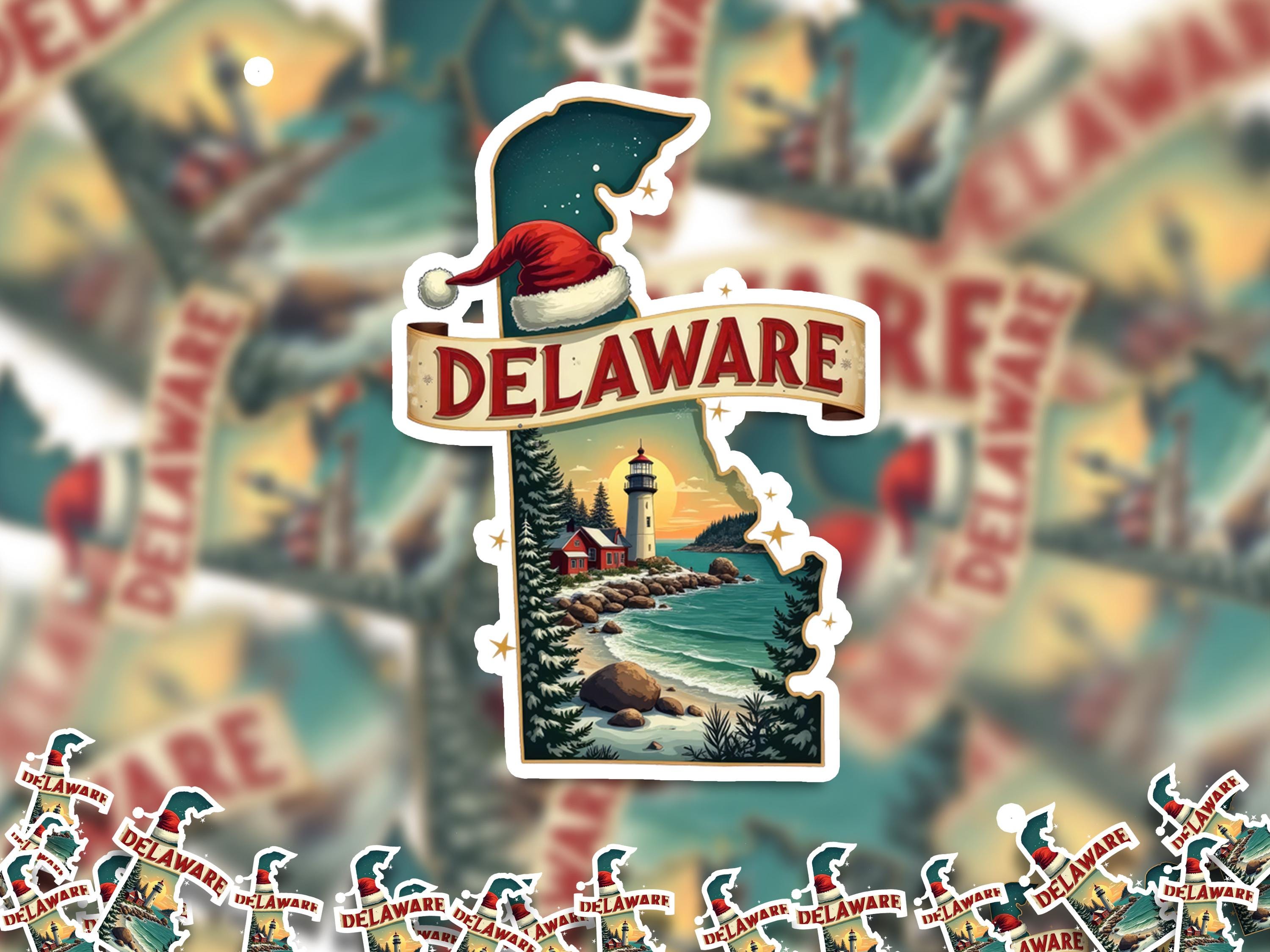 Delaware Christmas Sticker, Vintage States Xmas Vinyl Decals Waterproof, Retro Holiday Gift, Scrapbook Tumbler