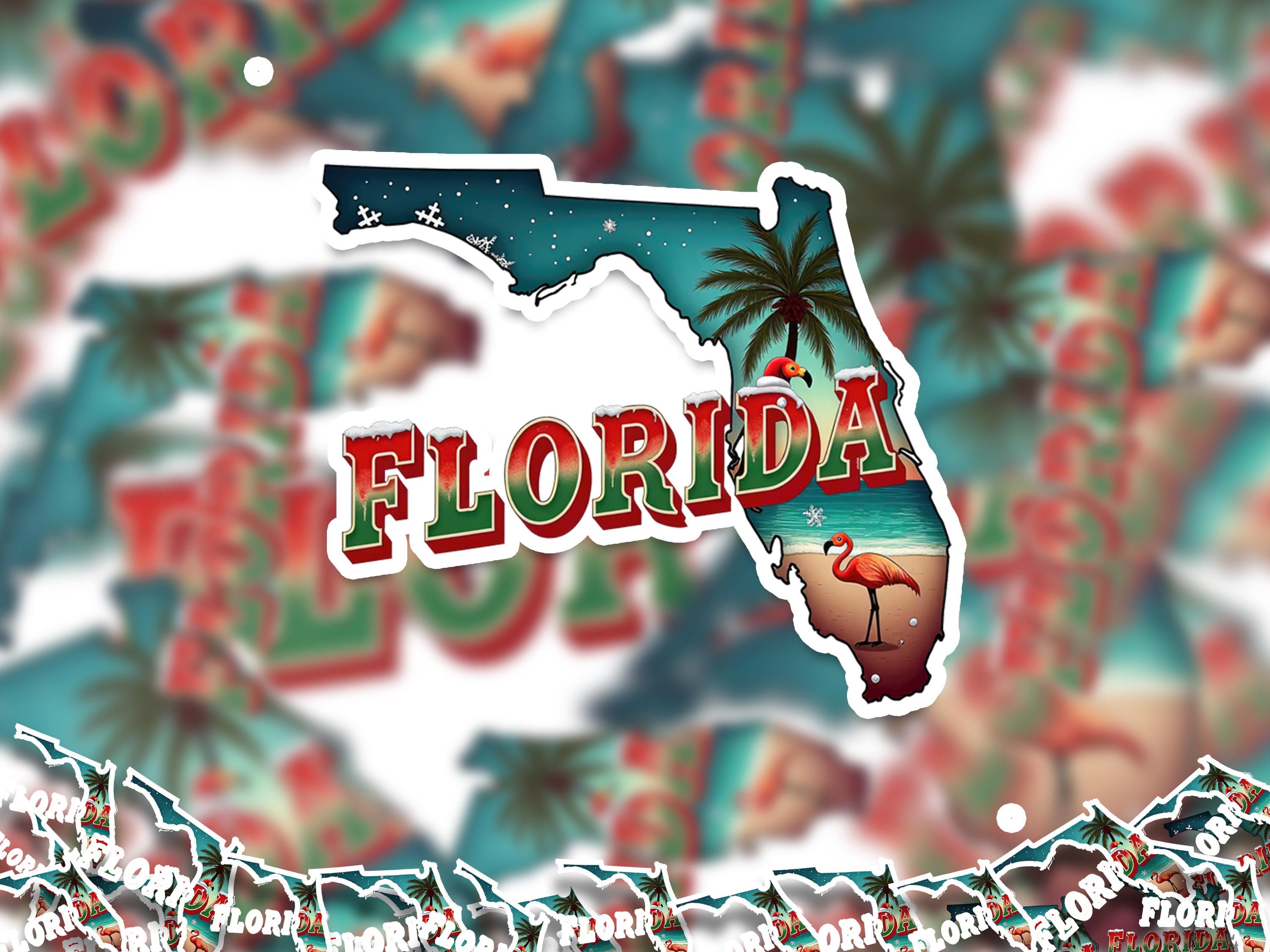 Florida Christmas Sticker, Vintage States Xmas Vinyl Decals Waterproof, Retro Holiday Gift, Scrapbook Tumbler
