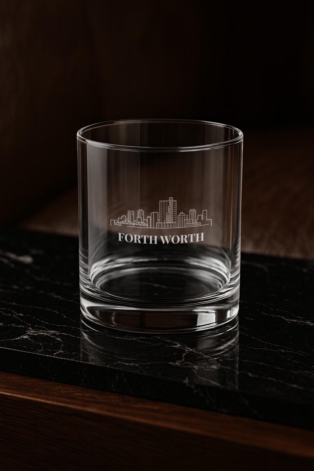 Engraved FORTH WORTH Whiskey Glass, Personalized Dad Rocks Glass, Custom Etched Skyline Gift Souvenir