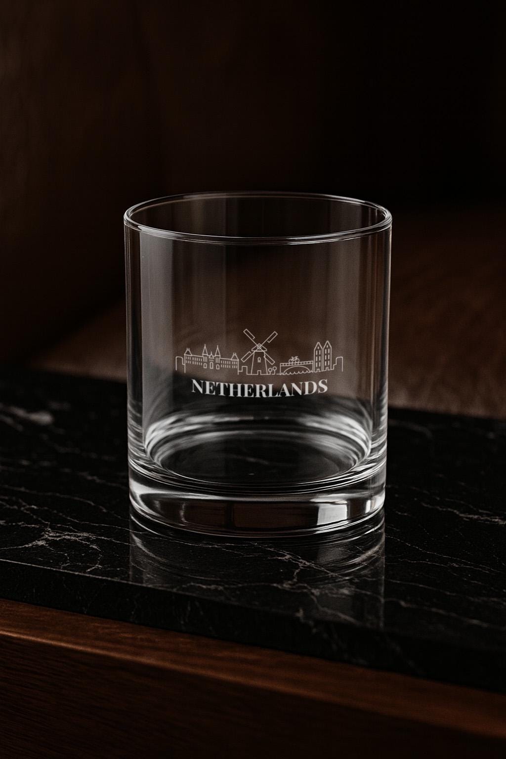 Engraved NETHERLANDS Whiskey Glass, Personalized Dad Rocks Glass, Custom Etched Skyline Gift Souvenir