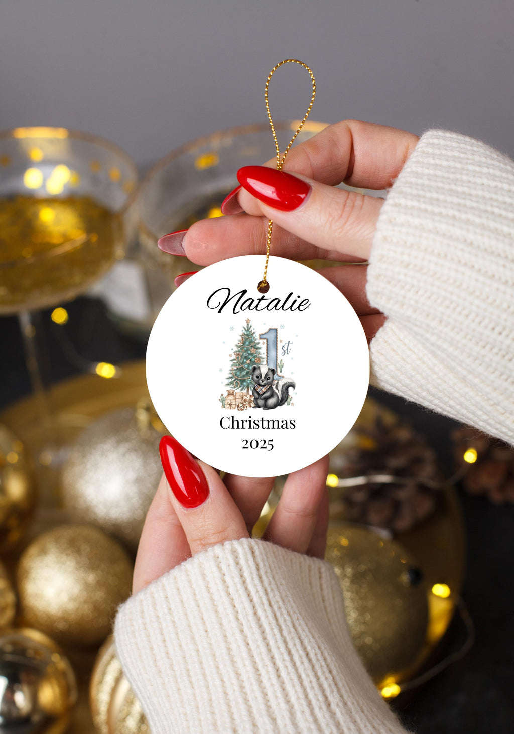 Personalized Baby’s 1st Christmas Ornament, Watercolor Animal Bauble