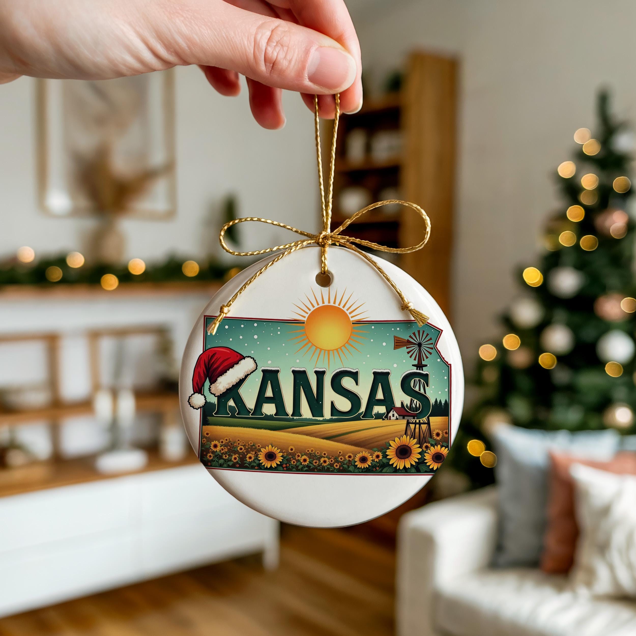 Kansas Ornament, Vintage Personalized Christmas Decor, Custom Holiday Gift Souvenir Travel Keepsake