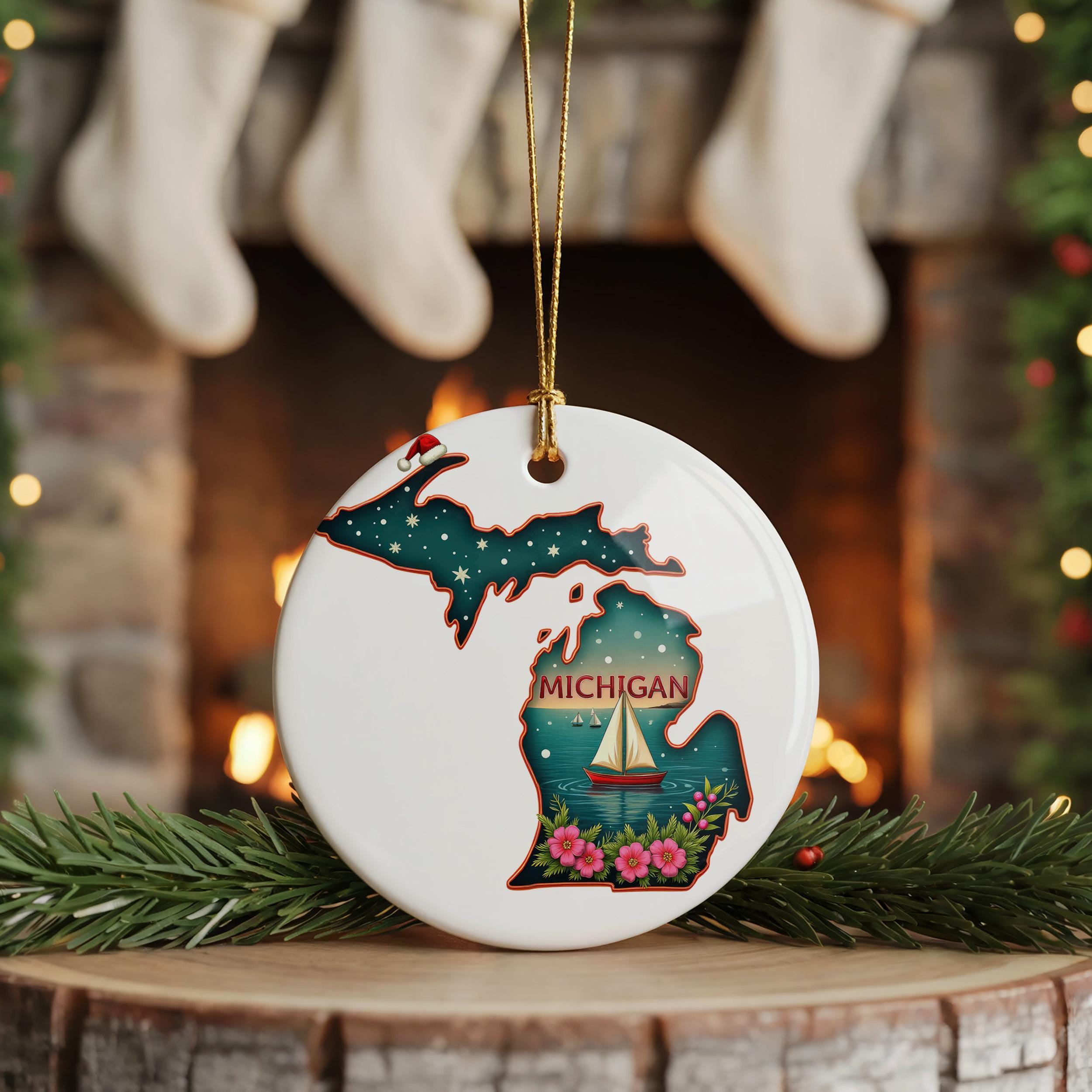 Michigan Ornament, Vintage Personalized Christmas Decor, Custom Holiday Gift Souvenir Travel Keepsake
