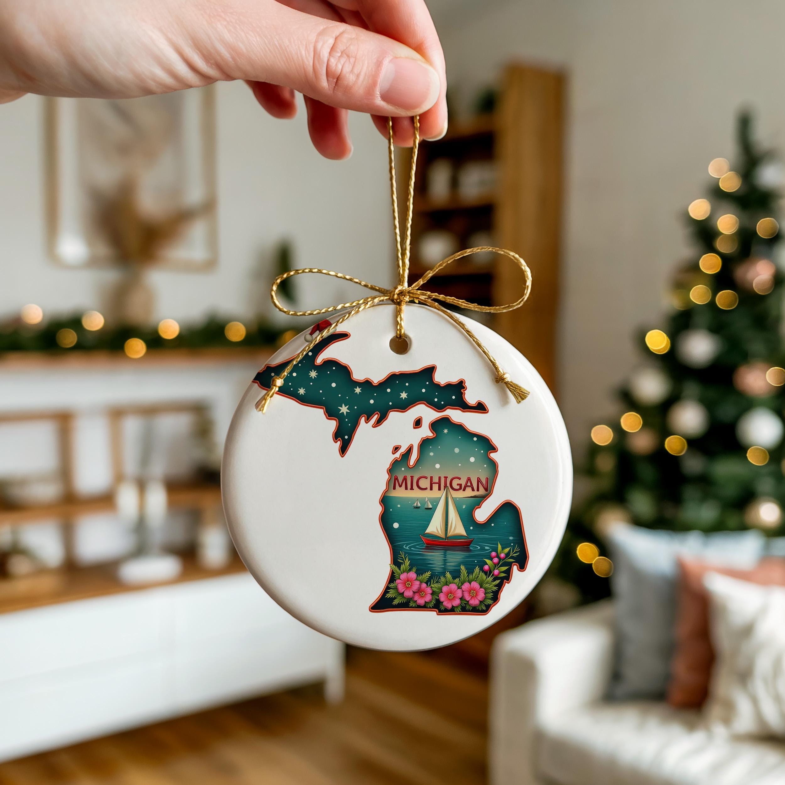 Michigan Ornament, Vintage Personalized Christmas Decor, Custom Holiday Gift Souvenir Travel Keepsake
