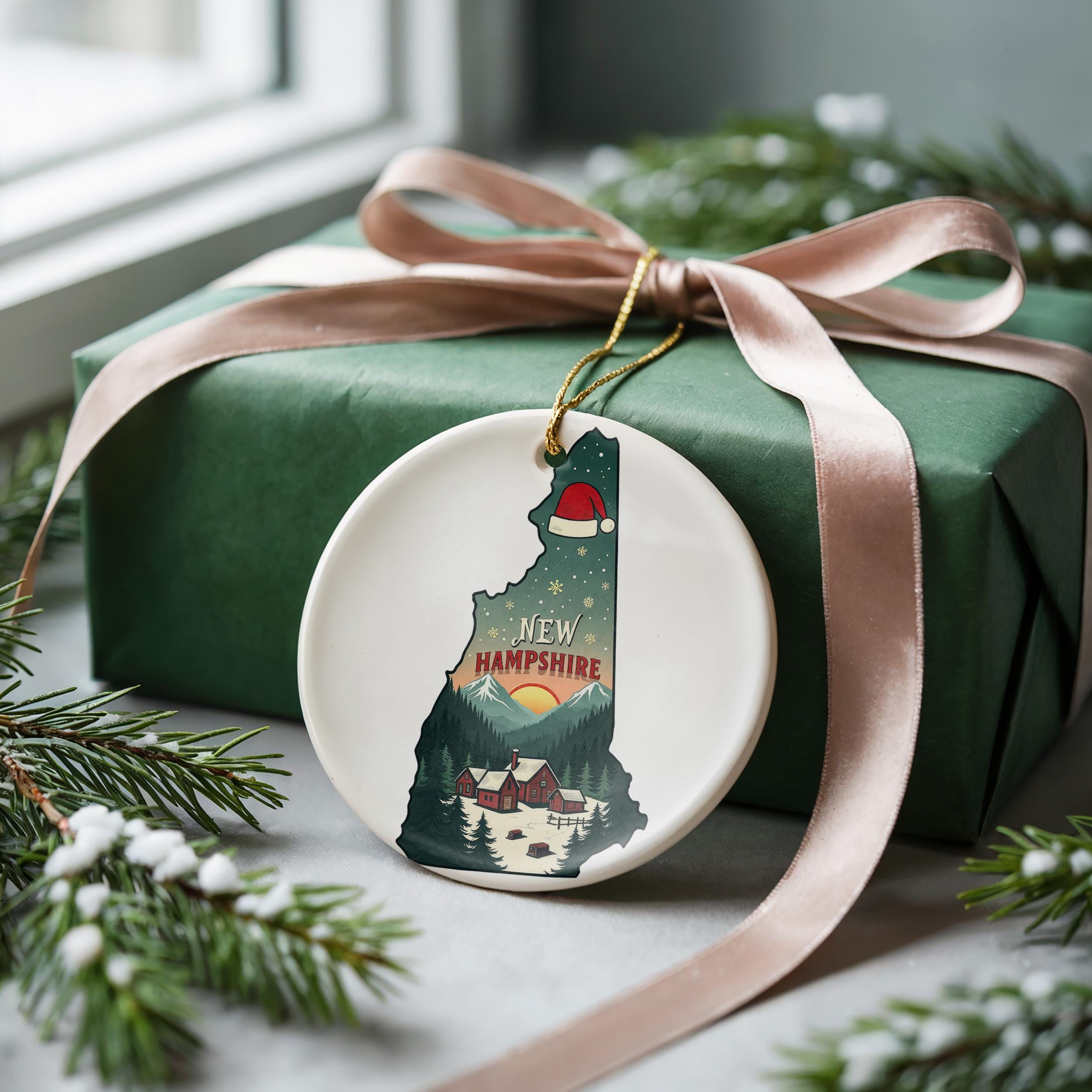 New Hampshire Ornament, Vintage Personalized Christmas Decor, Custom Holiday Gift Souvenir Travel Keepsake