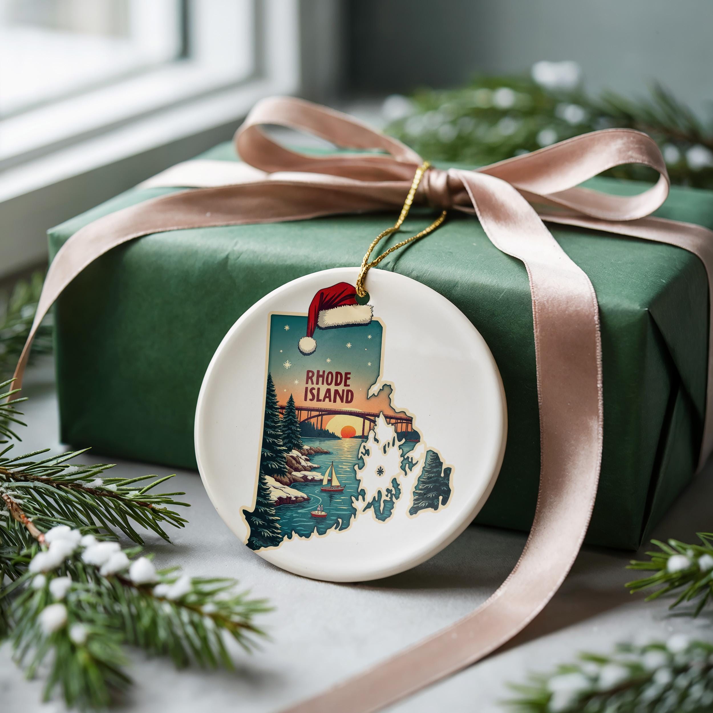 Rhode Island Ornament, Vintage Personalized Christmas Decor, Custom Holiday Gift Souvenir Travel Keepsake