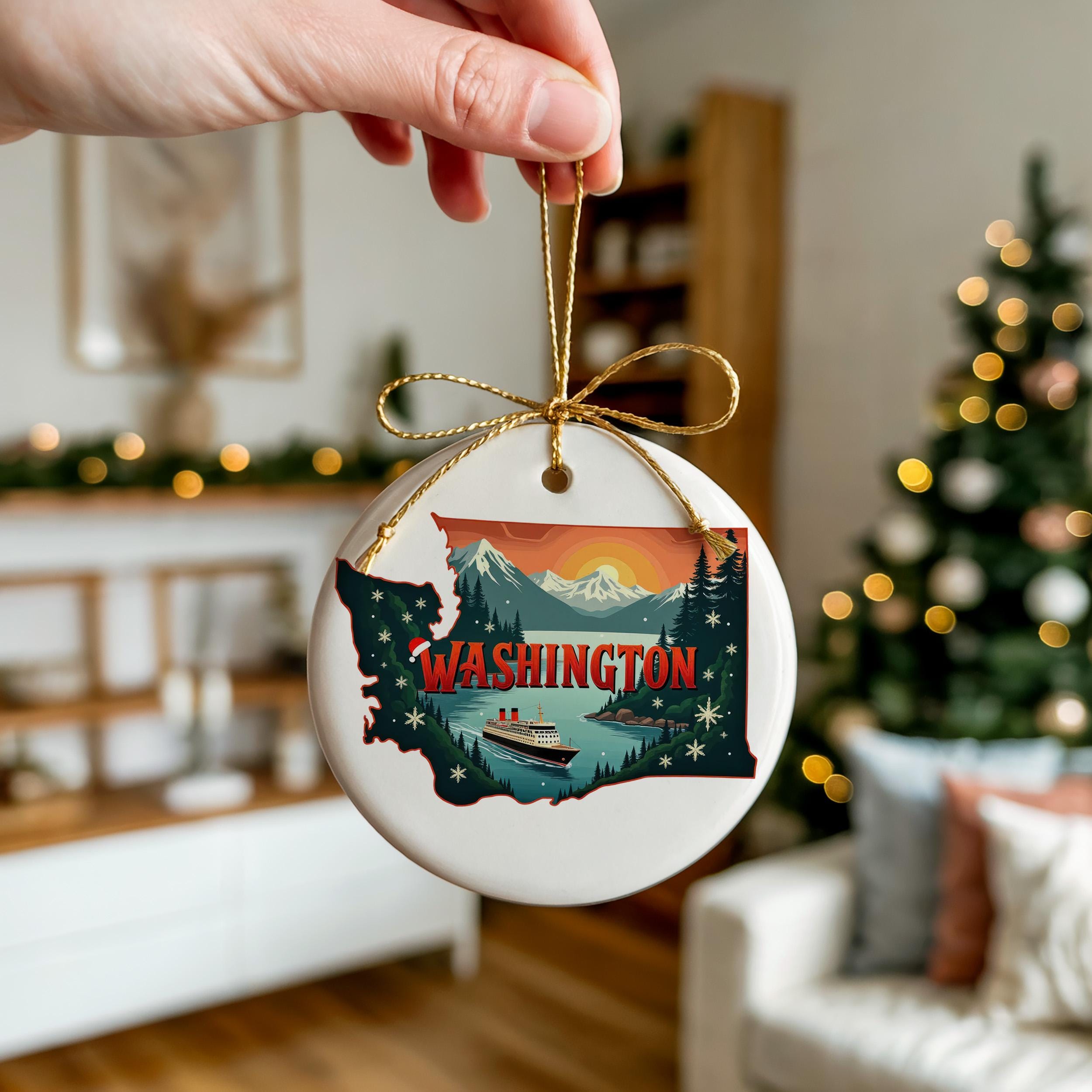Washington Ornament, Vintage Personalized Christmas Decor, Custom Holiday Gift Souvenir Travel Keepsake