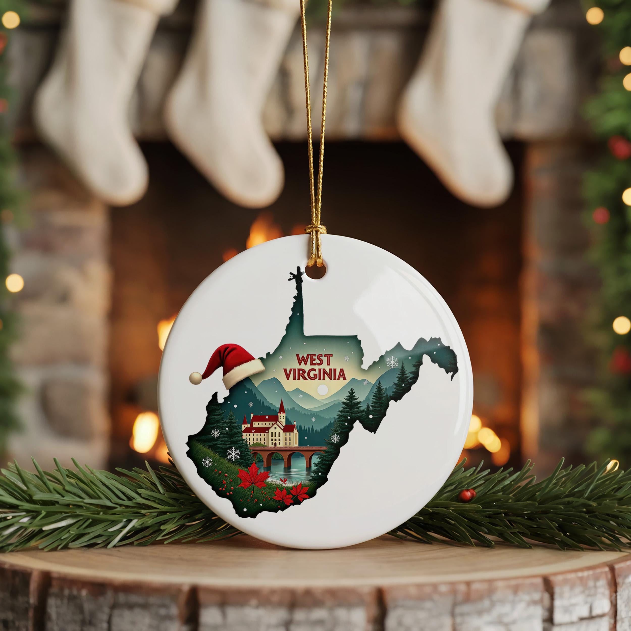 West Virginia Ornament, Vintage Personalized Christmas Decor, Custom Holiday Gift Souvenir Travel Keepsake