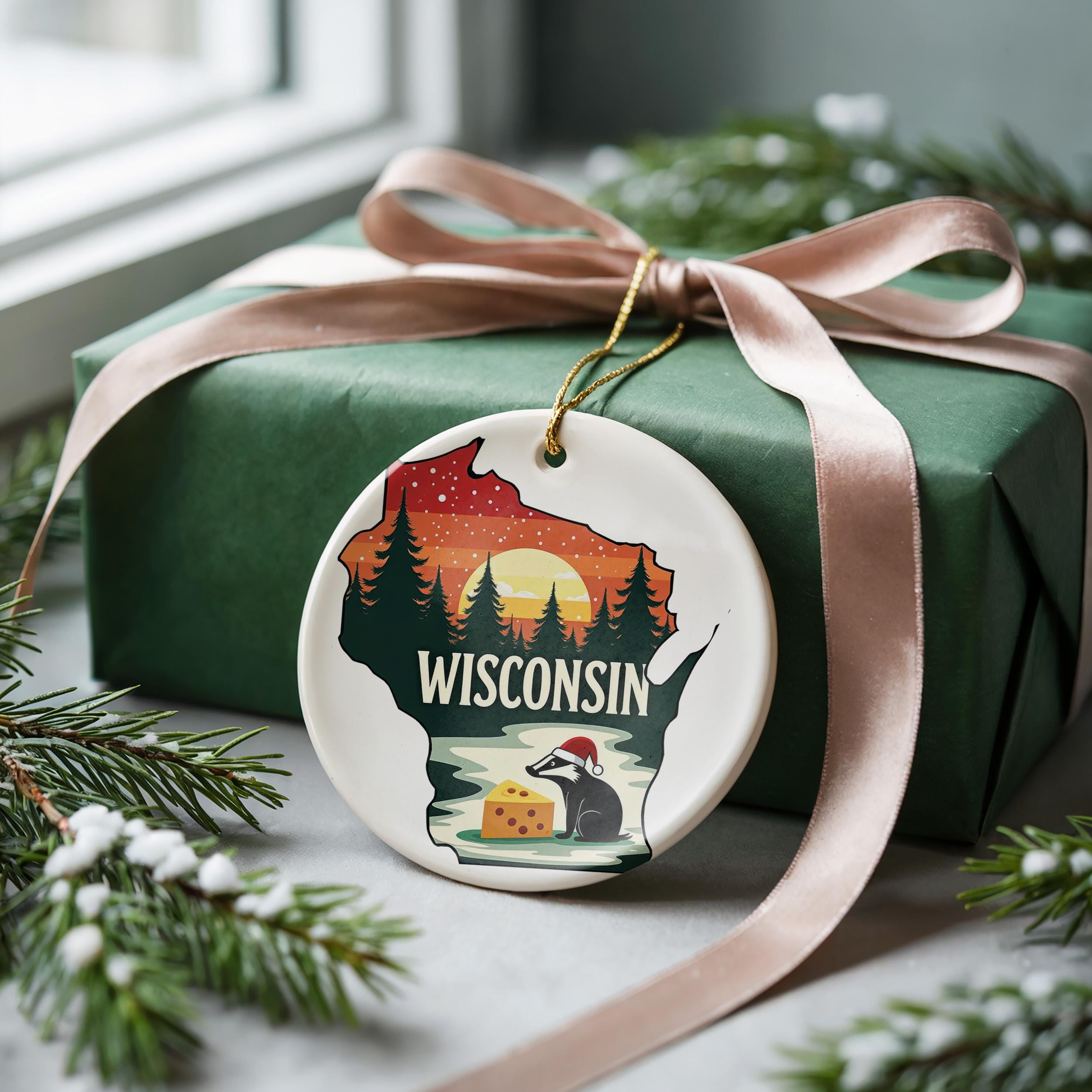 Wisconsin Ornament, Vintage Personalized Christmas Decor, Custom Holiday Gift Souvenir Travel Keepsake