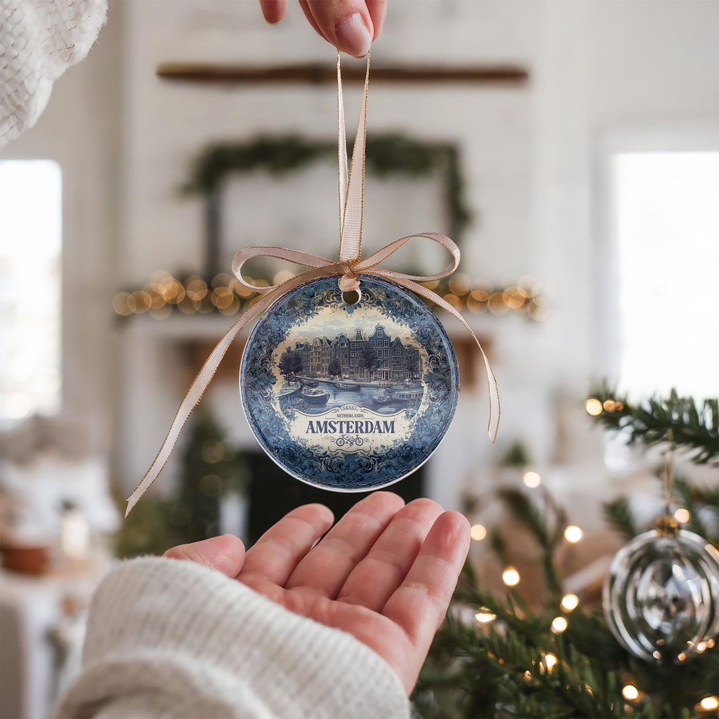 Custom Amsterdam Netherlands Ceramic Delft Ornament, Christmas Delftware Blue Delftware city travel