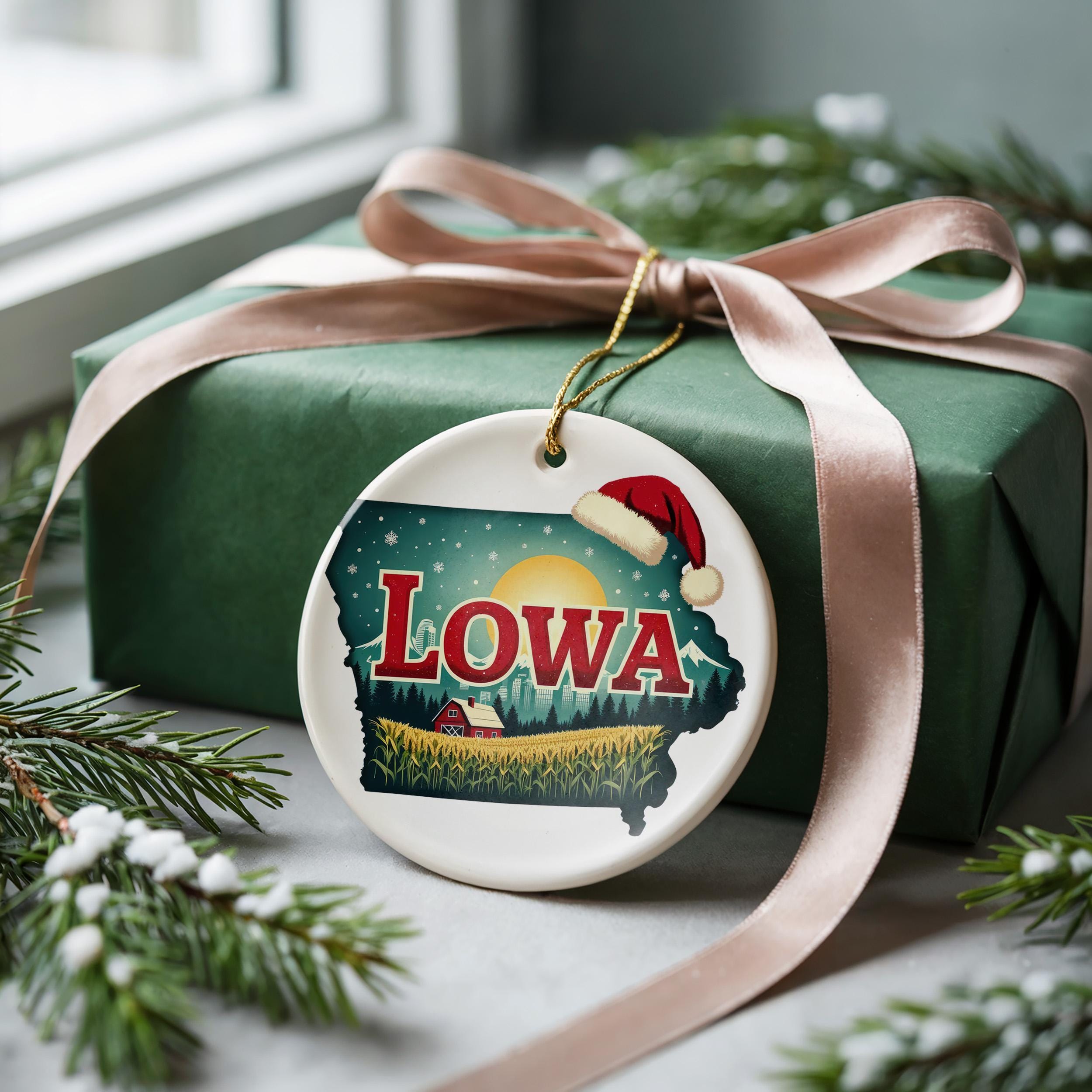 Iowa Ornament, Vintage Personalized Christmas Decor, Custom Holiday Gift Souvenir Travel Keepsake