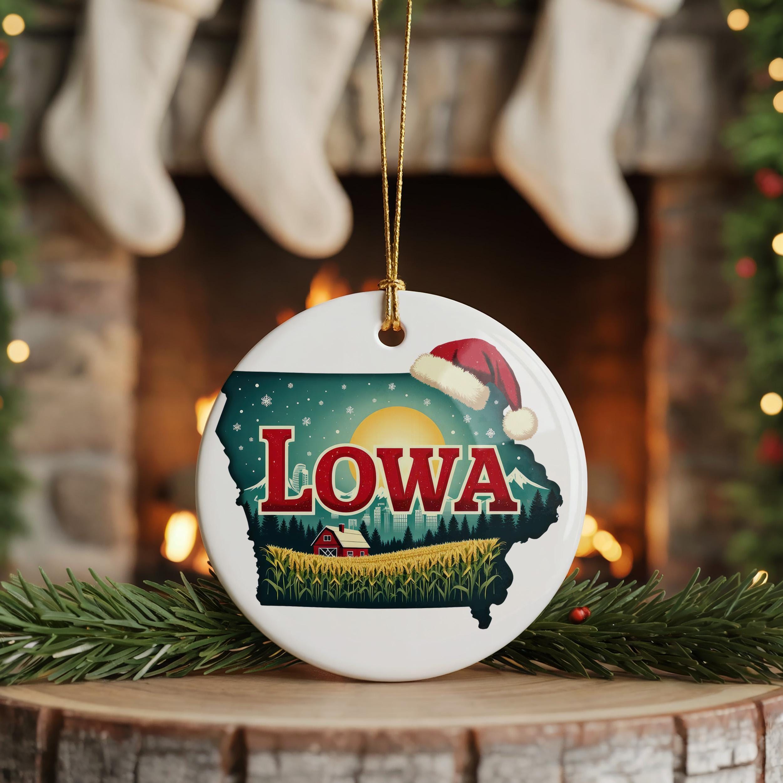 Iowa Ornament, Vintage Personalized Christmas Decor, Custom Holiday Gift Souvenir Travel Keepsake