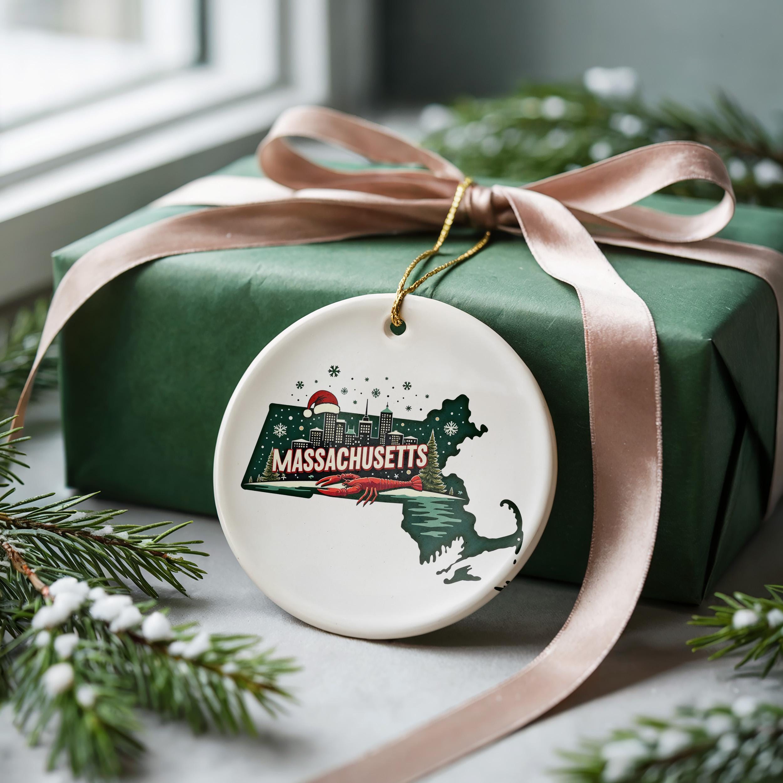 Massachusetts Ornament, Vintage Personalized Christmas Decor, Custom Holiday Gift Souvenir Travel Keepsake