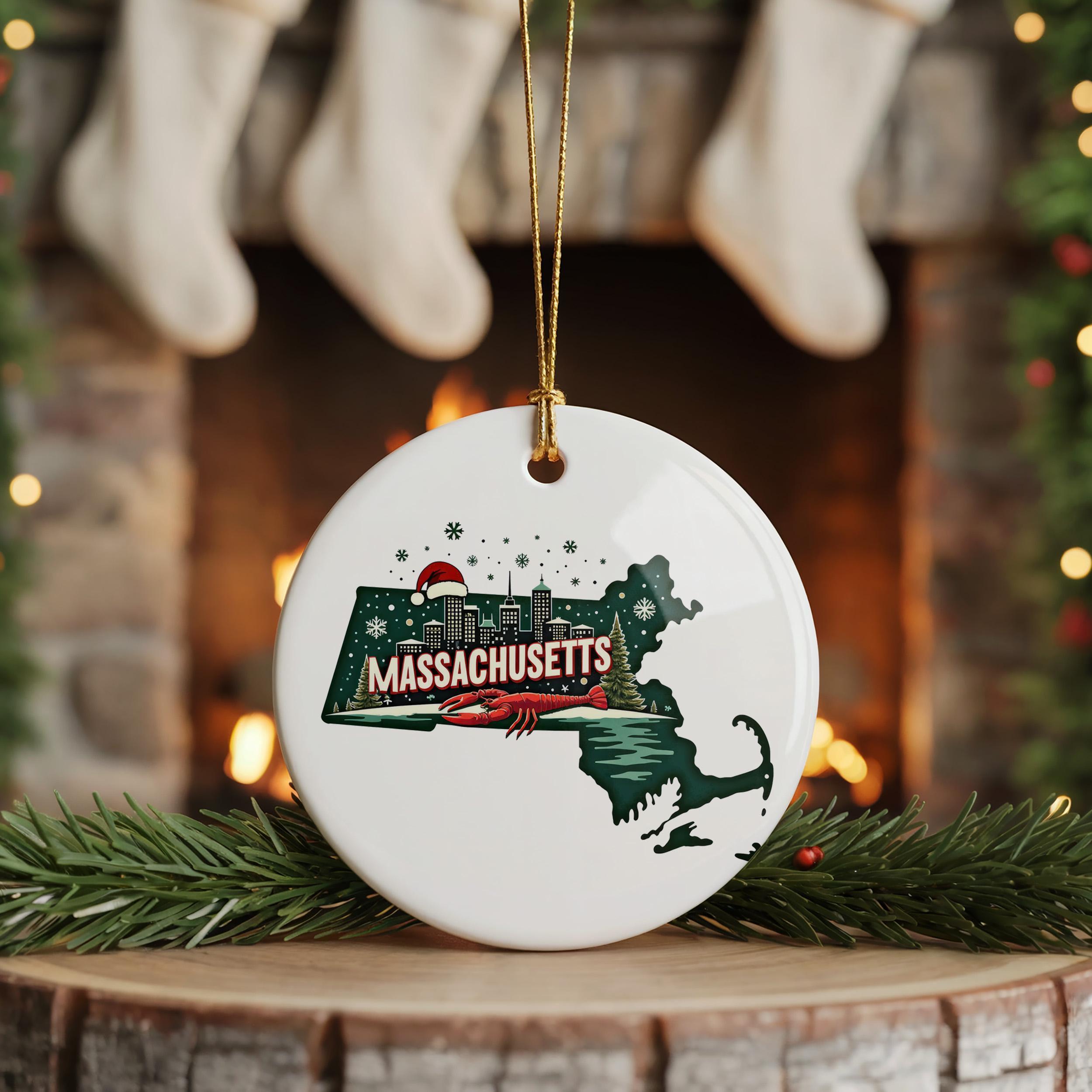 Massachusetts Ornament, Vintage Personalized Christmas Decor, Custom Holiday Gift Souvenir Travel Keepsake
