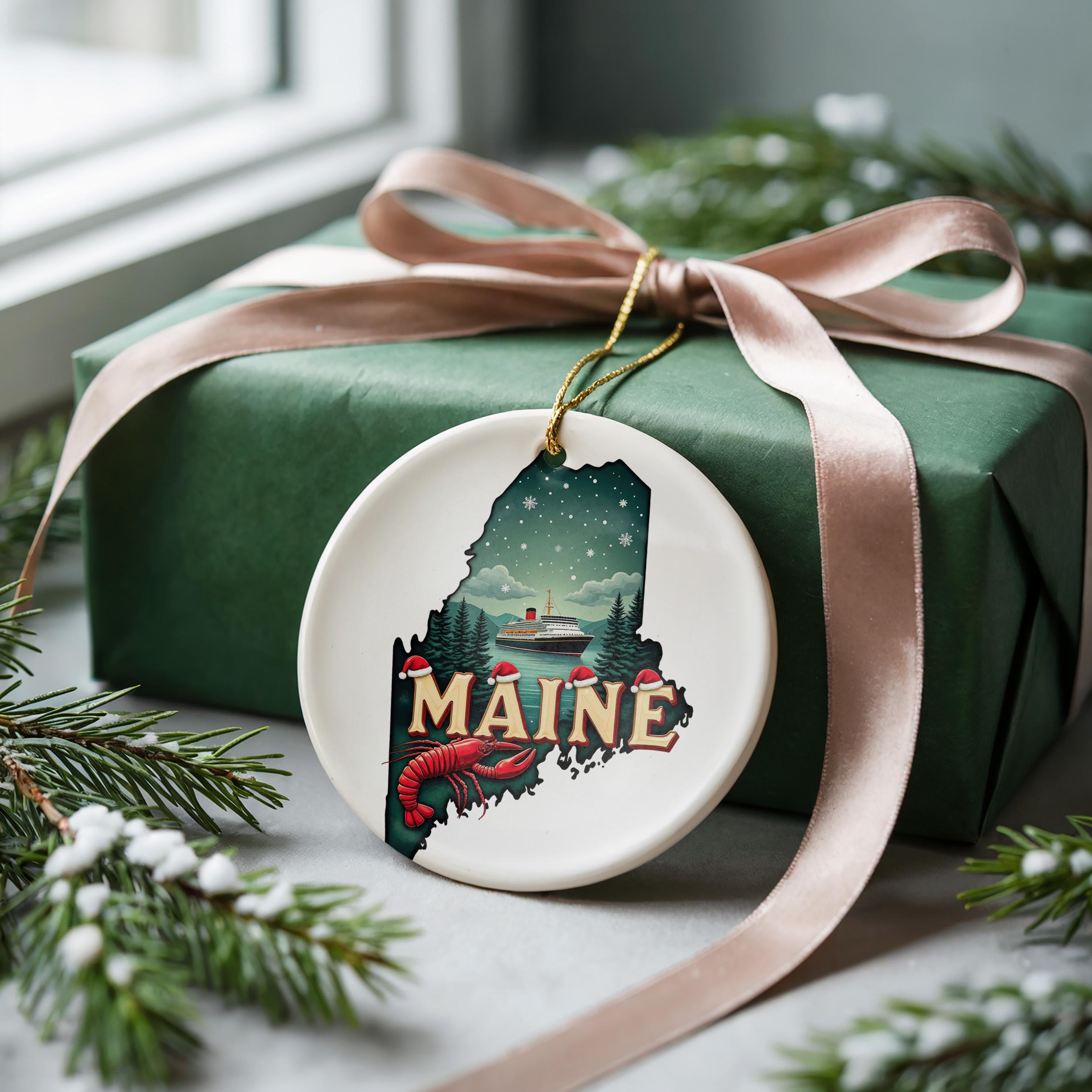Maine Ornament, Vintage Personalized Christmas Decor, Custom Holiday Gift Souvenir Travel Keepsake