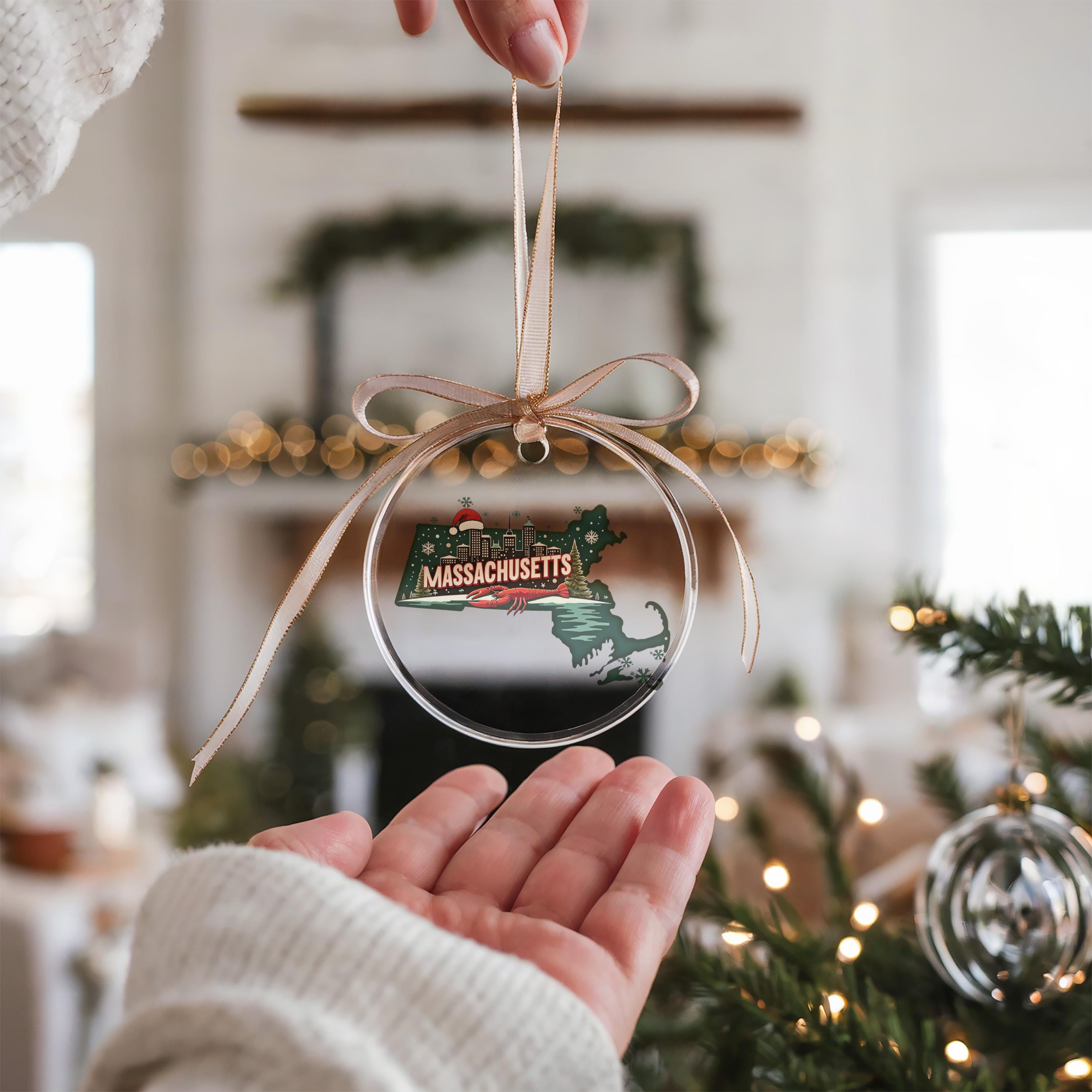 Massachusetts Ornament, Vintage Personalized Christmas Decor, Custom Holiday Gift Souvenir Travel Keepsake