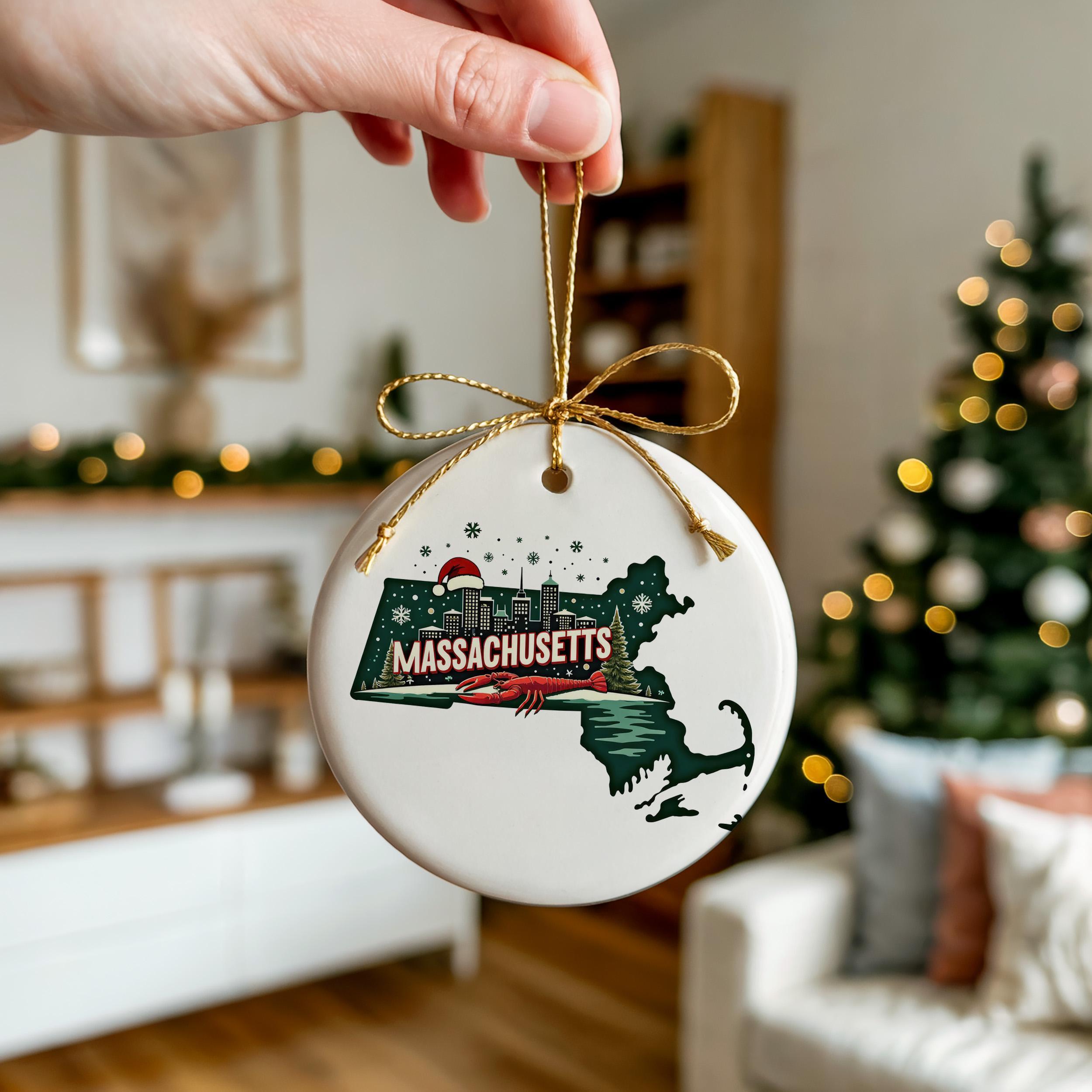 Massachusetts Ornament, Vintage Personalized Christmas Decor, Custom Holiday Gift Souvenir Travel Keepsake