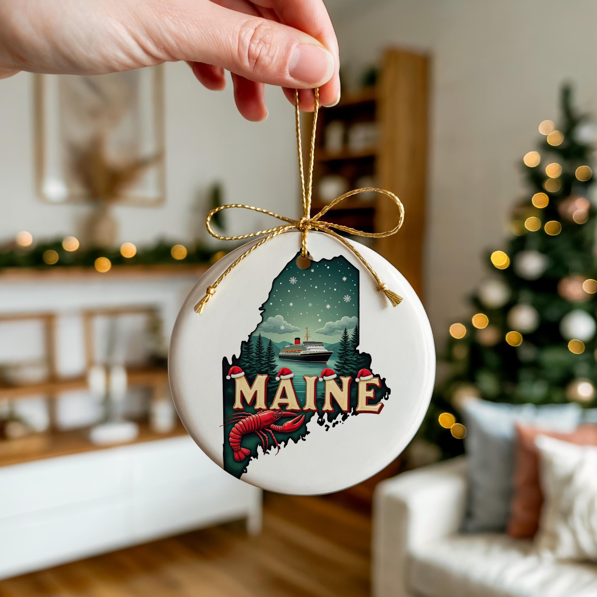 Maine Ornament, Vintage Personalized Christmas Decor, Custom Holiday Gift Souvenir Travel Keepsake