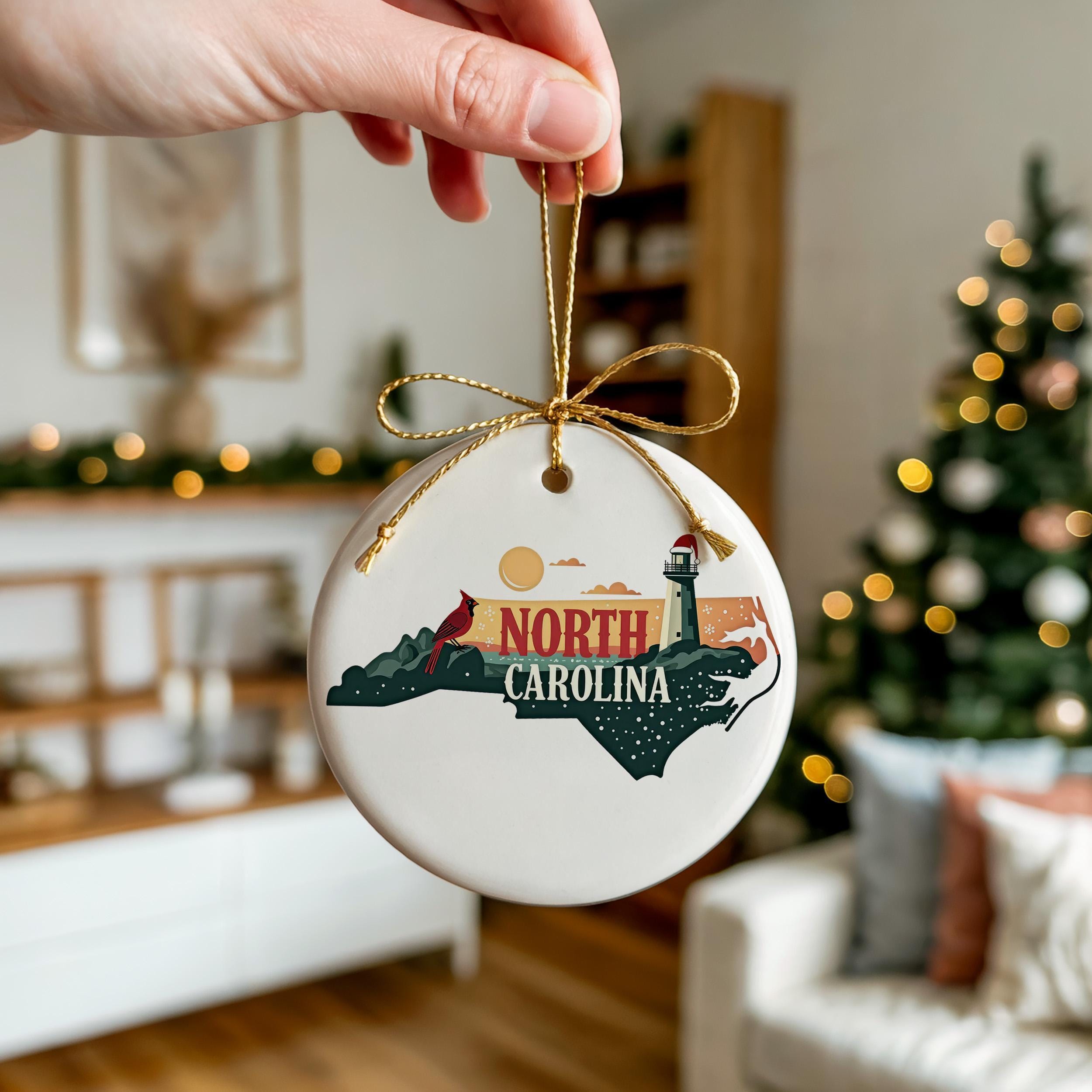North Carolina Ornament, Vintage Personalized Christmas Decor, Custom Holiday Gift Souvenir Travel Keepsake