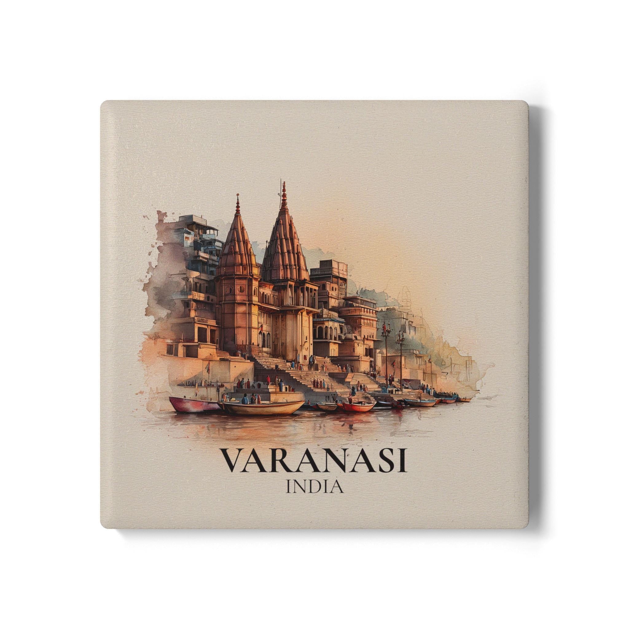 Varanasi India Coaster, Watercolor Personalized Painting, Travel Gift Souvenir, Home Decor, Ceramic Set