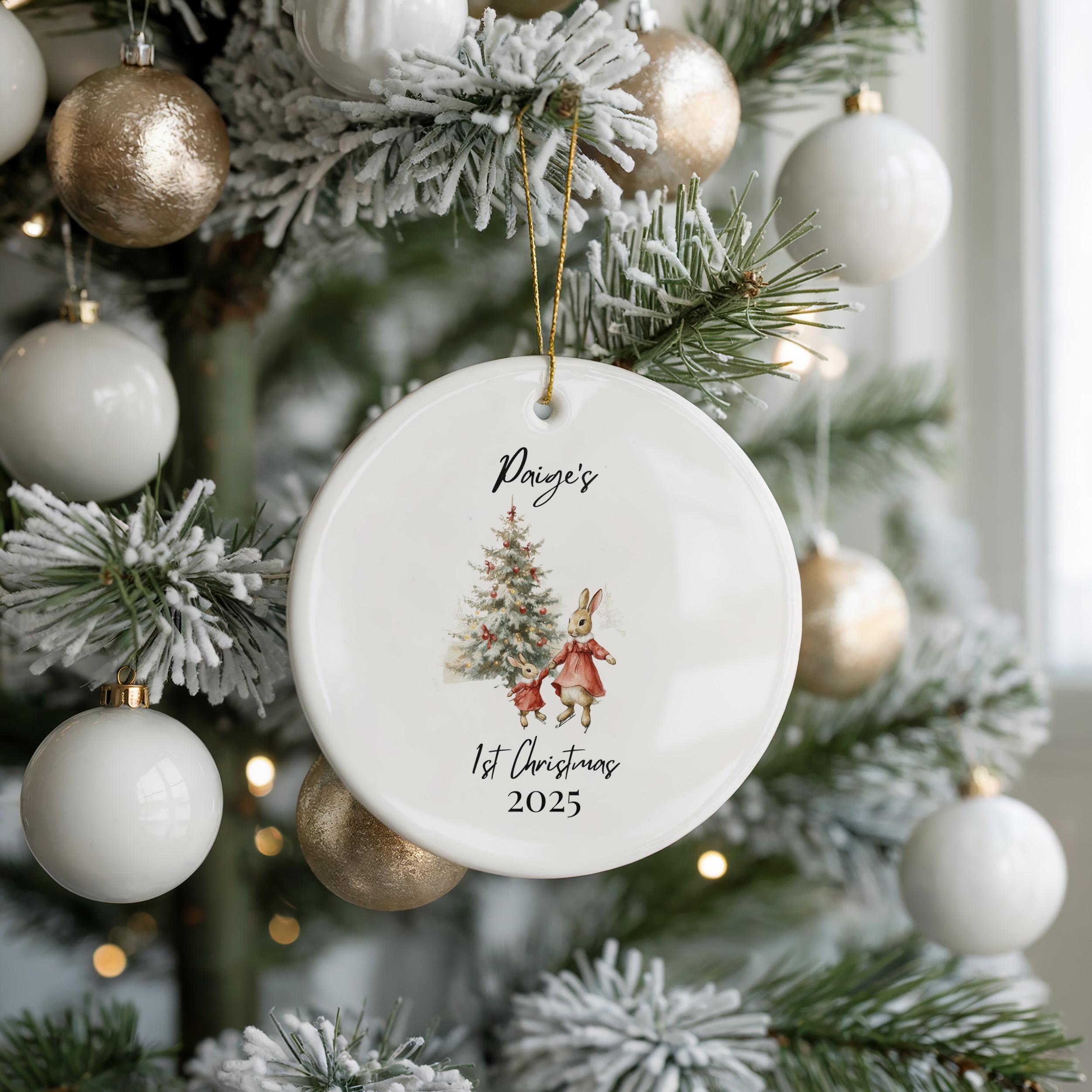 Baby's First Christmas Decoration, Bunny Personalized Name Ornament 1st Xmas, Custom Bauble Keepsake Watercolor