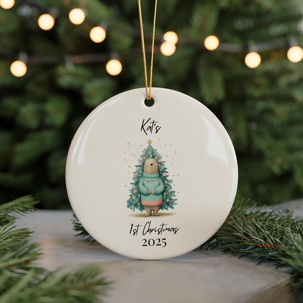 Personalized Baby's First Christmas Ornament, Watercolor Bear Ceramic Bauble