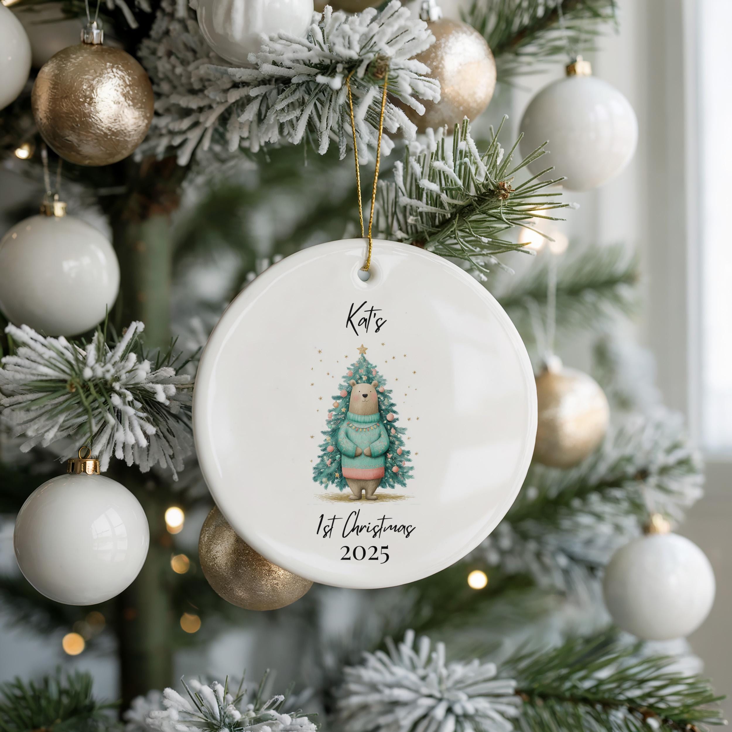 Personalized Baby's First Christmas Ornament, Watercolor Bear Ceramic Bauble