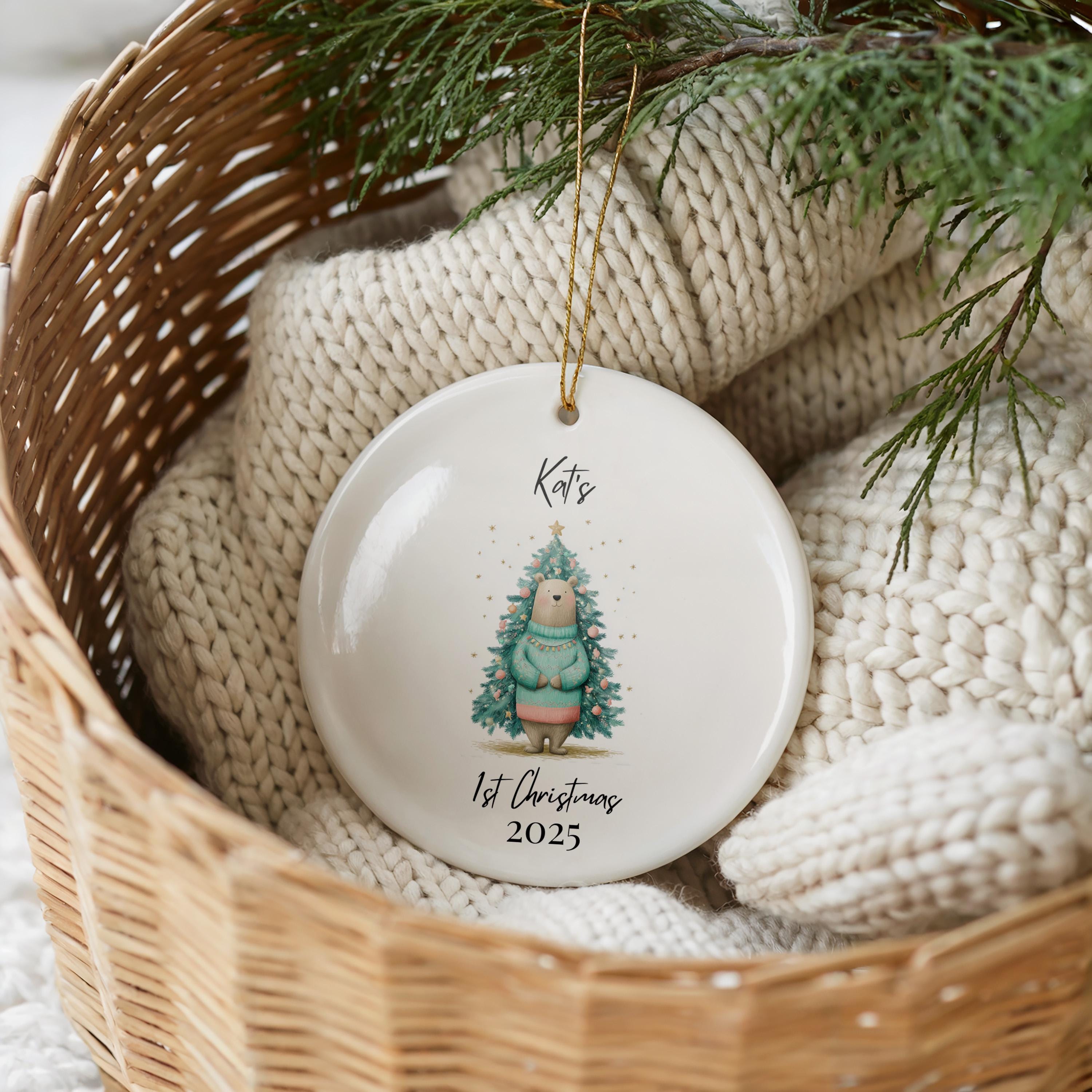 Personalized Baby's First Christmas Ornament, Watercolor Bear Ceramic Bauble