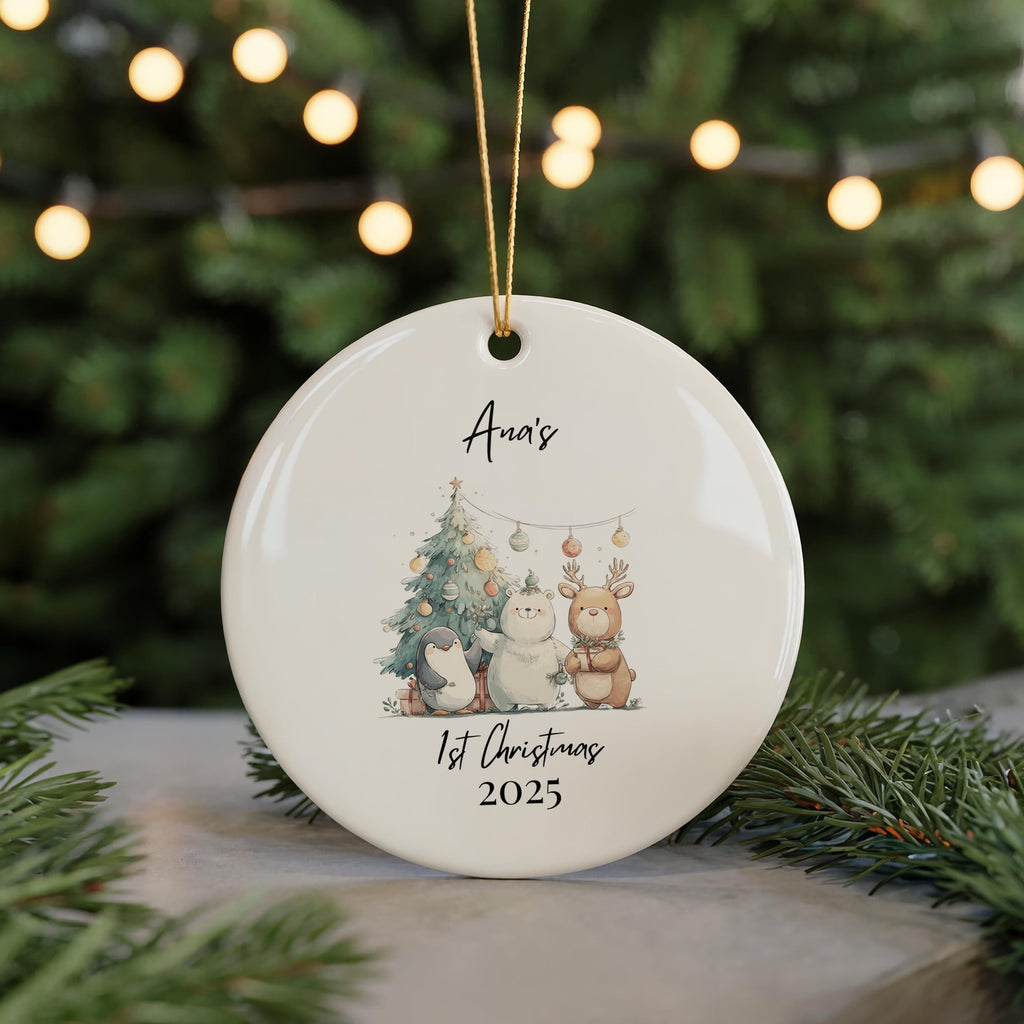 Cute Baby's First Christmas Decoration Animals, Personalized Name Ornament 1st Xmas, Custom Bauble Keepsake