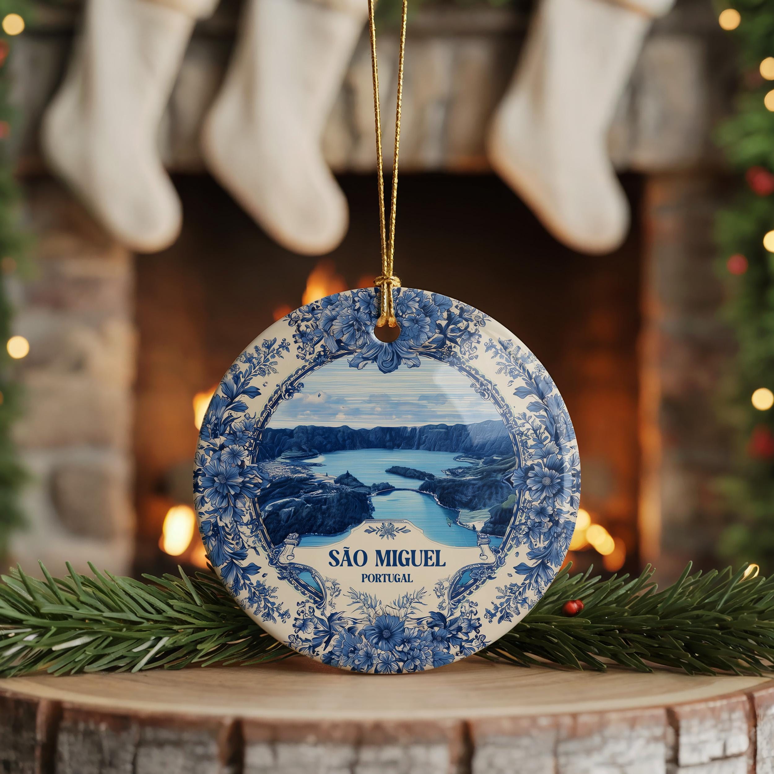 Custom Sao Miguel Portugal Ceramic Delft Ornament, Azores Christmas Delftware, Blue Delftware City travel