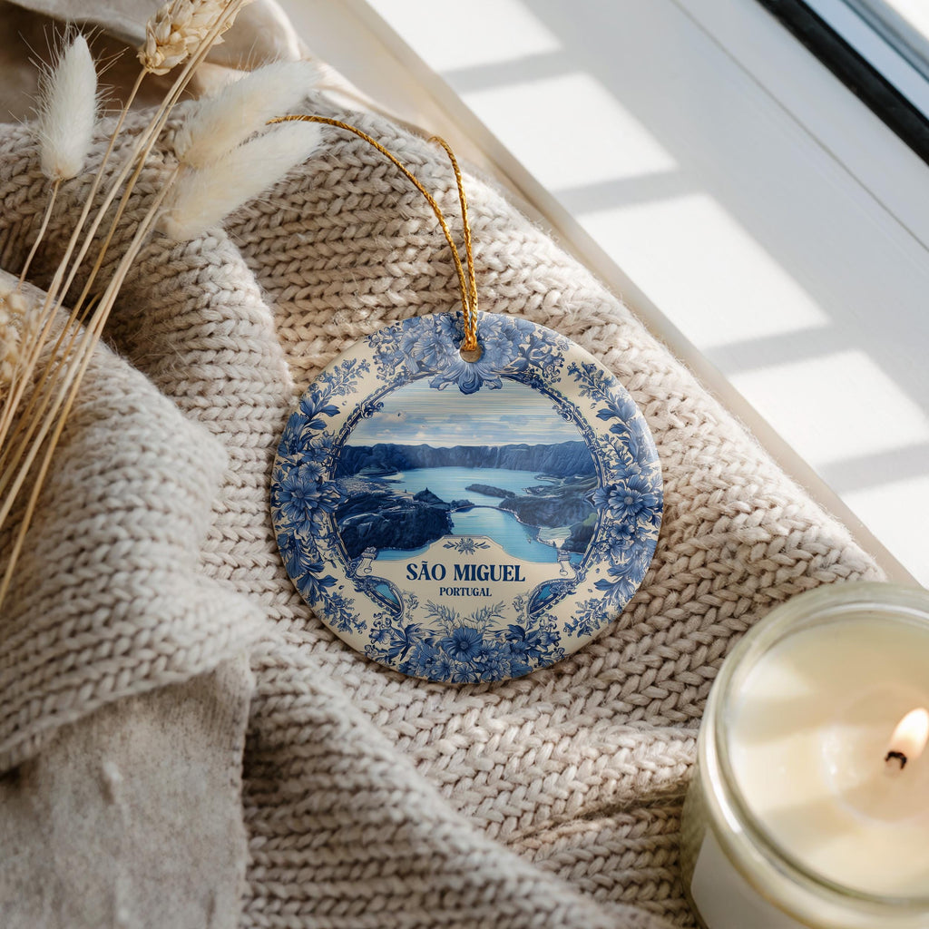 Custom Sao Miguel Portugal Ceramic Delft Ornament, Azores Christmas Delftware, Blue Delftware City travel