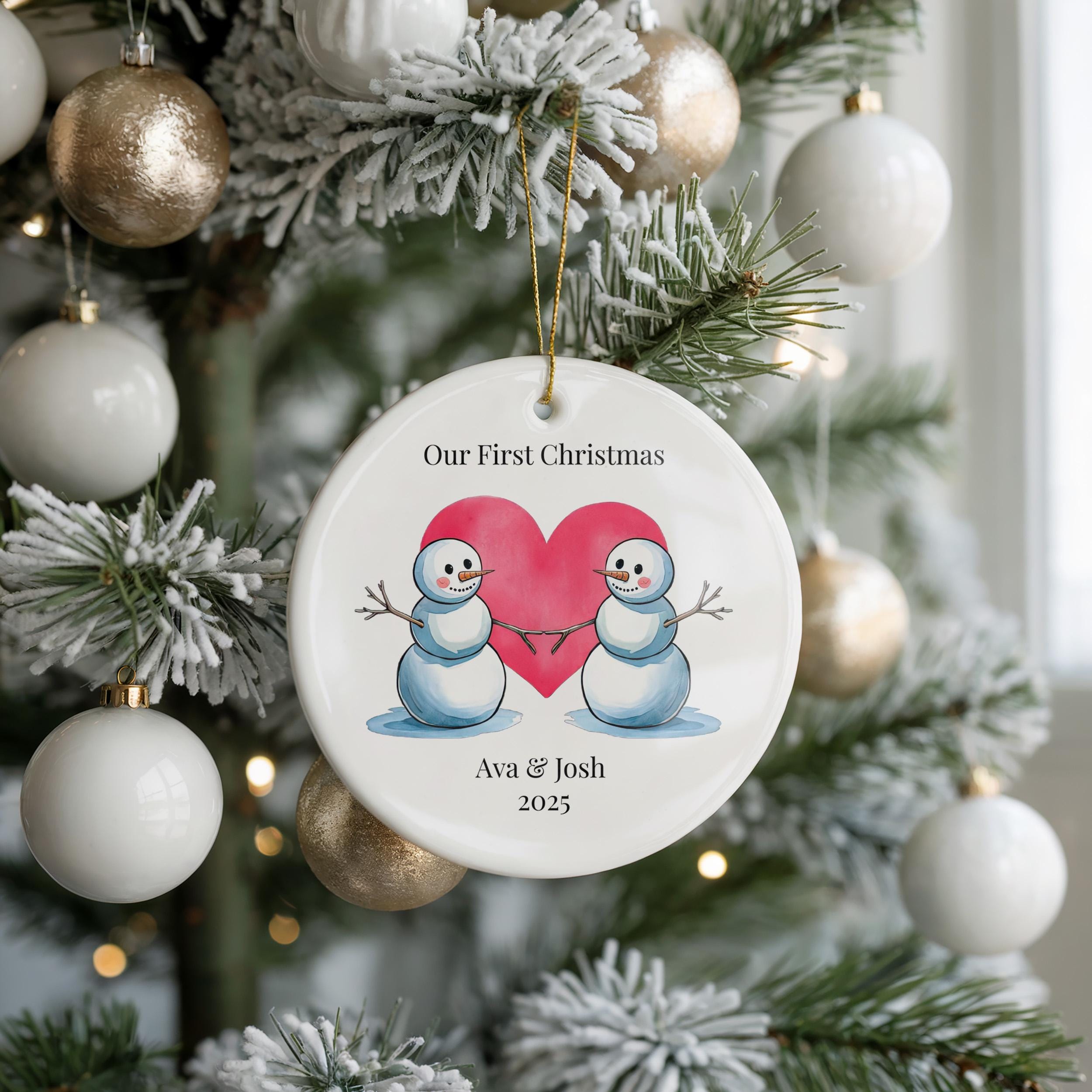 Snowman Couple Ornament, Personalized Our First Christmas Together Bauble, Custom New Couple gift Xmas