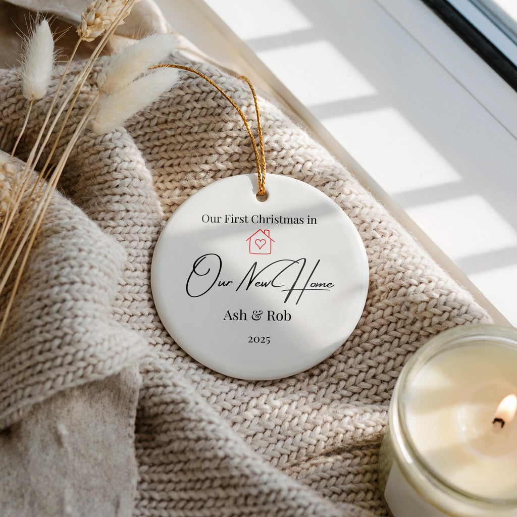 Our New Home Ornament, Personalized Christmas Housewarming Gift, Custom Ceramic Acrylic Keepsake Bauble