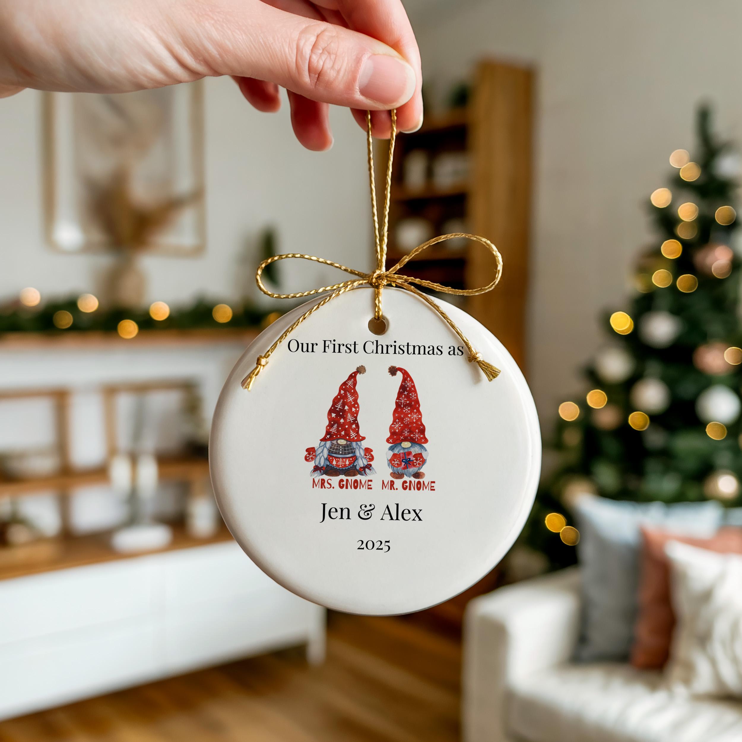 Custom Gnome Couple Ornament, Personalized Bauble, Custom Acrylic Ceramic Xmas Decor