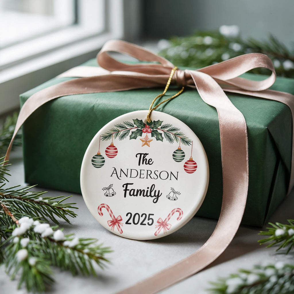 Custom Family Christmas Ornament with Bow, Personalized Holiday Keepsake Decoration