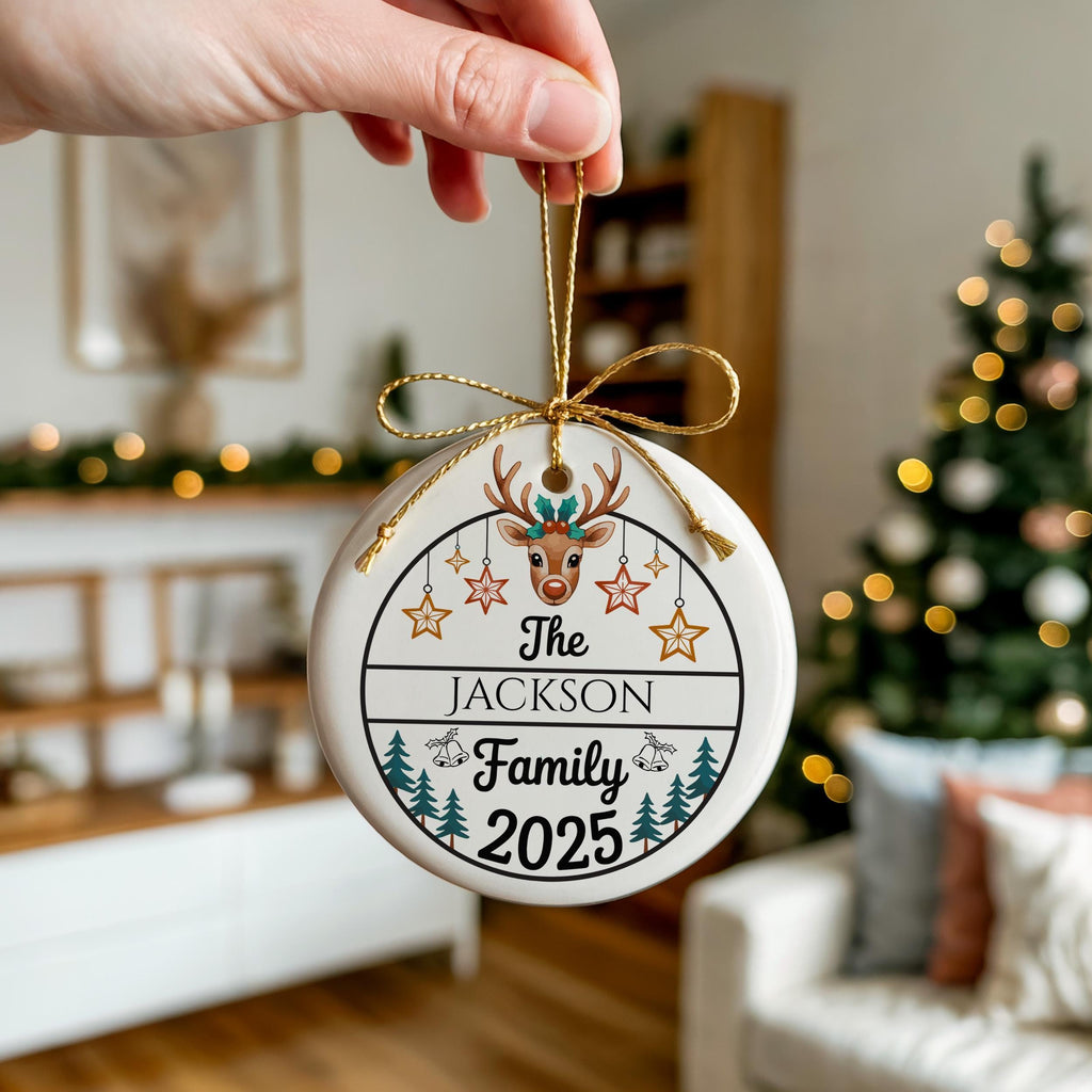 Reindeer Family Christmas Ornament, Personalized Family Name Keepsake, Custom Holiday Tree Decoration