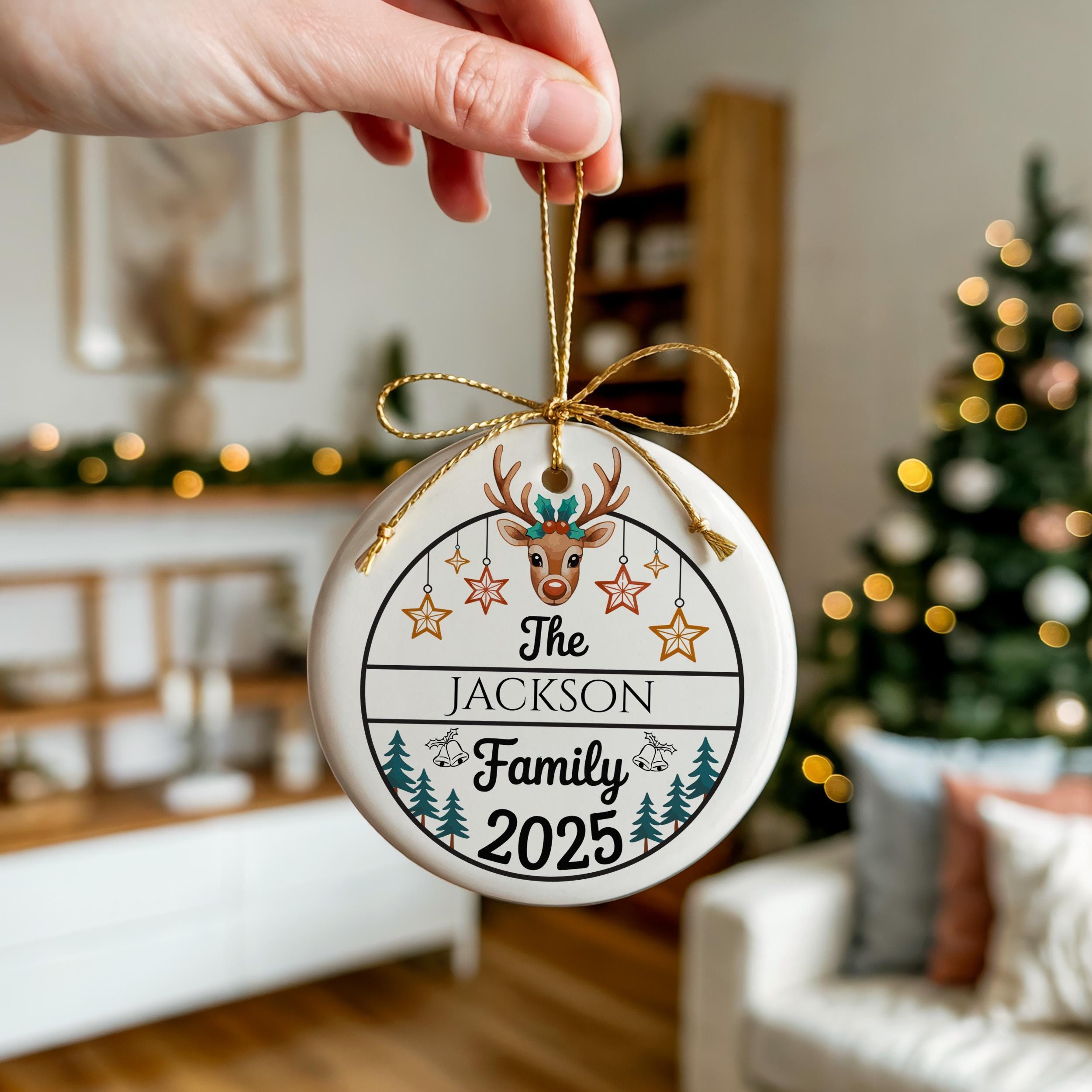 Reindeer Family Christmas Ornament, Personalized Family Name Keepsake, Custom Holiday Tree Decoration