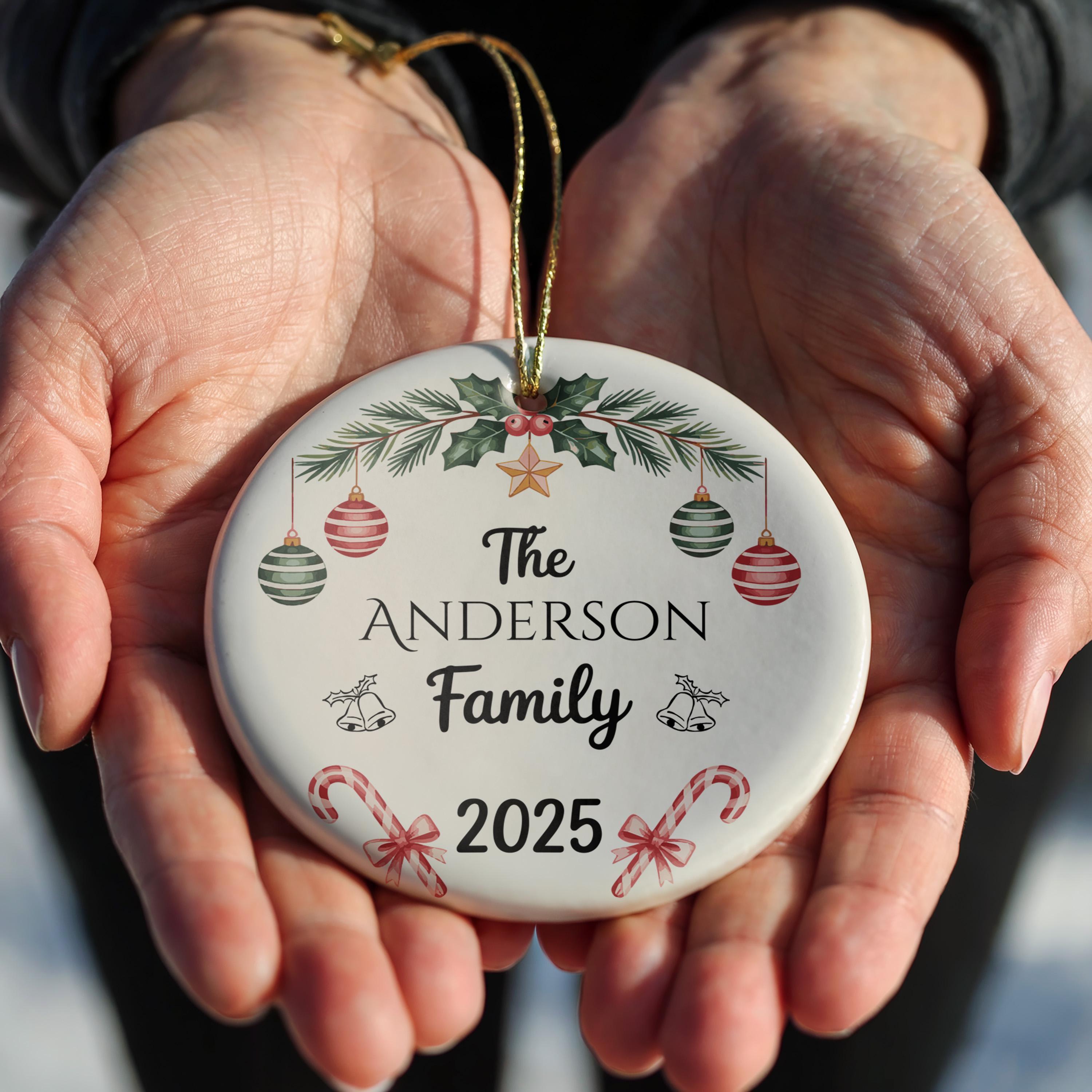 Custom Family Christmas Ornament with Bow, Personalized Holiday Keepsake Decoration
