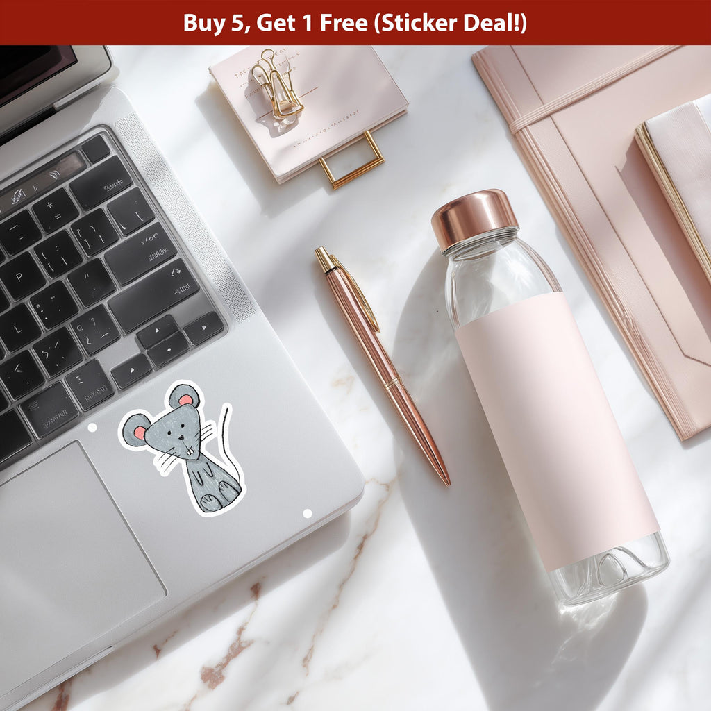 Cute Mouse Sticker, Hand-Drawn Animal Cartoon Vinyl Decal for Journal, Water Bottle, Scrapbook