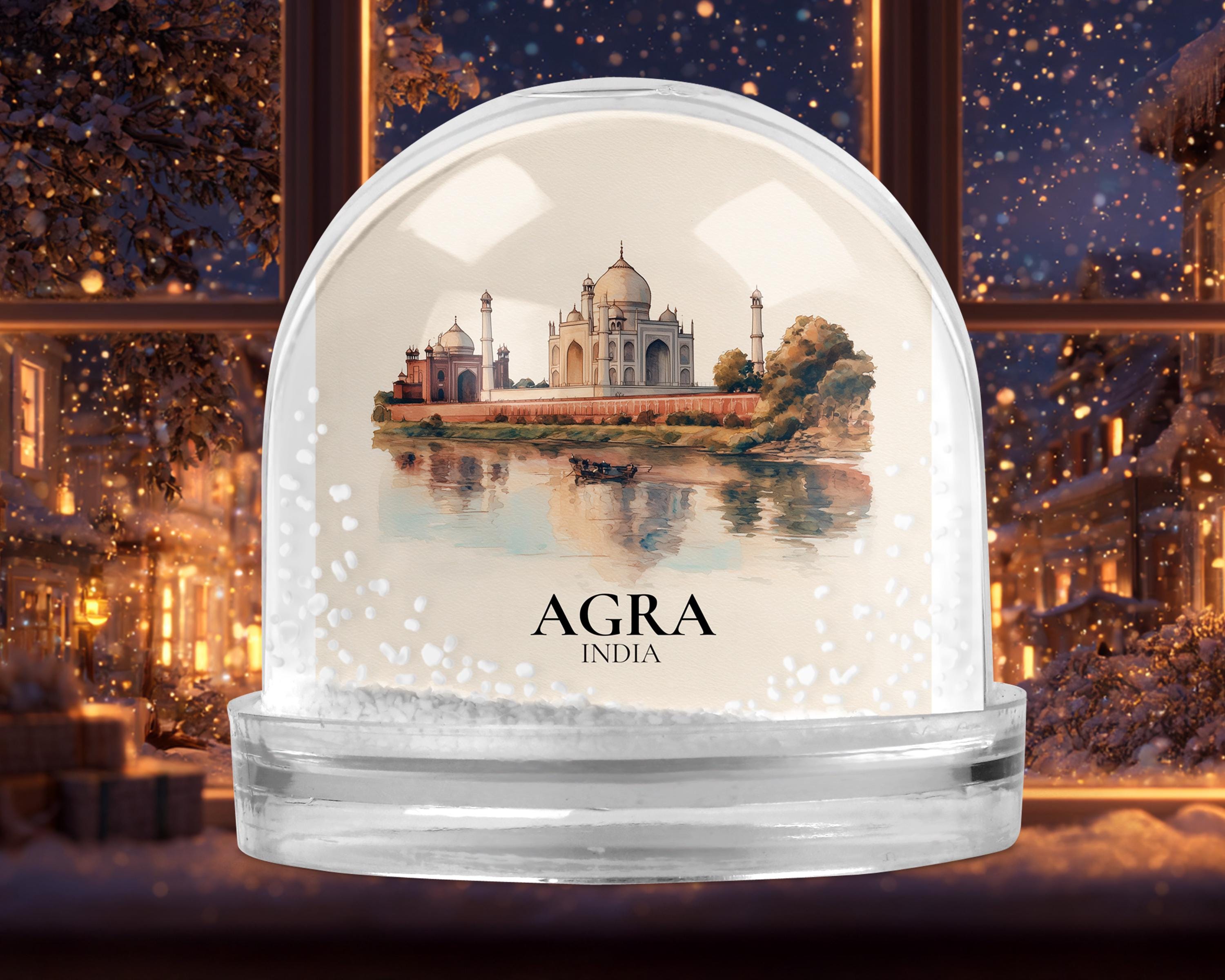 Agra India Snow Globe, Personalized Watercolor, Custom Travel Souvenir Keepsake City Dome