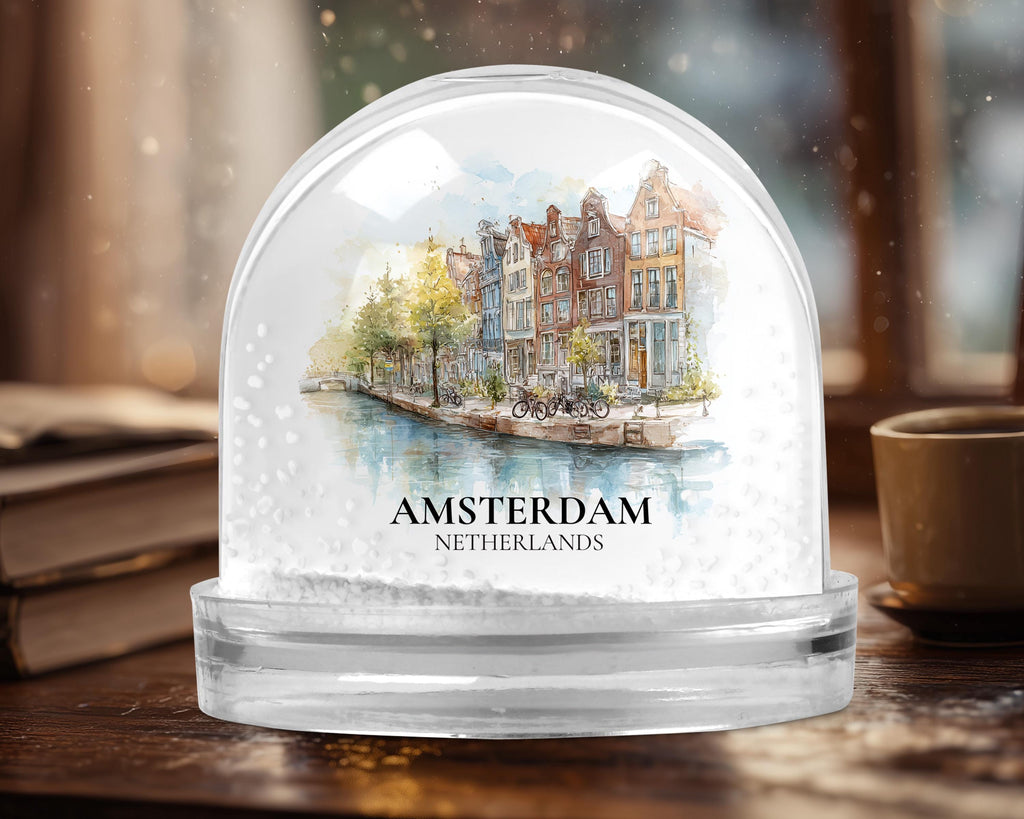 Amsterdam Netherlands Snow Globe, Personalized Watercolor, Custom Travel Souvenir Keepsake City Dome
