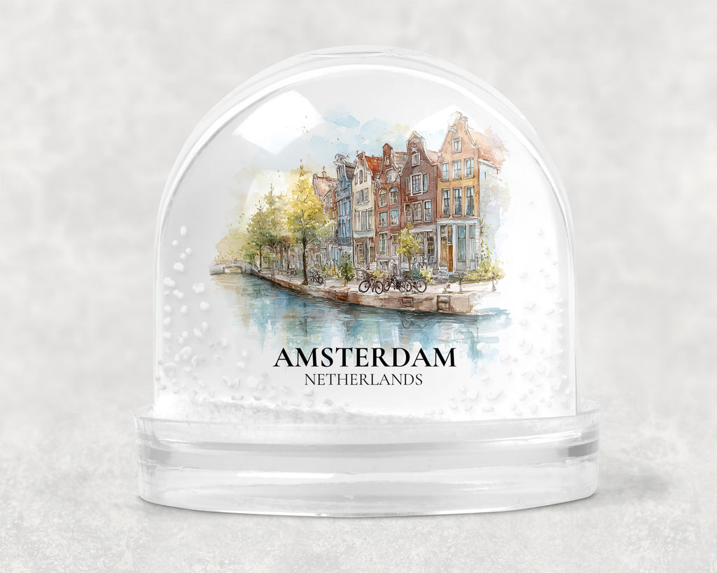 Amsterdam Netherlands Snow Globe, Personalized Watercolor, Custom Travel Souvenir Keepsake City Dome