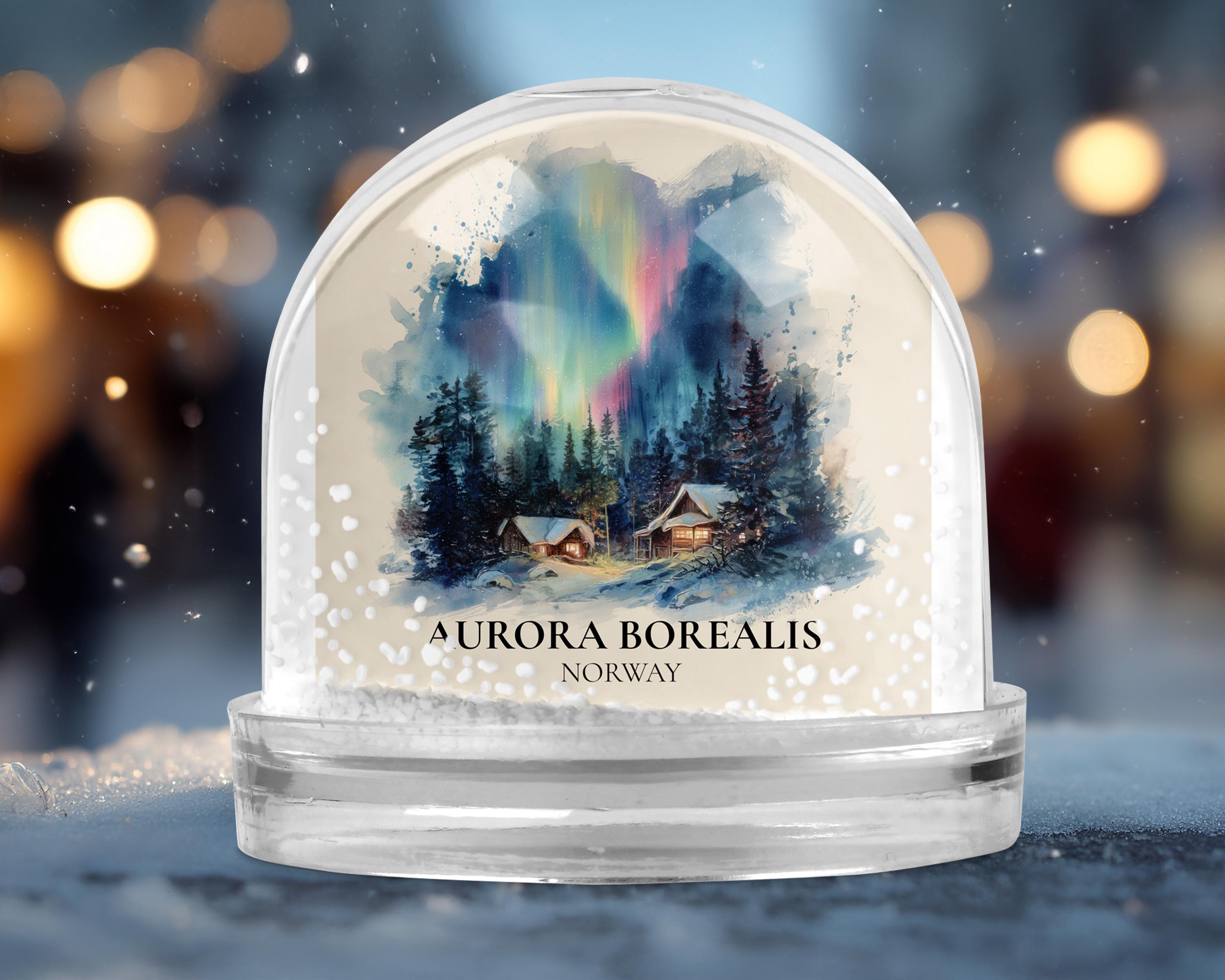 Aurora Borealis Norway Snow Globe, Personalized Watercolor, Custom Travel Souvenir Keepsake City Dome